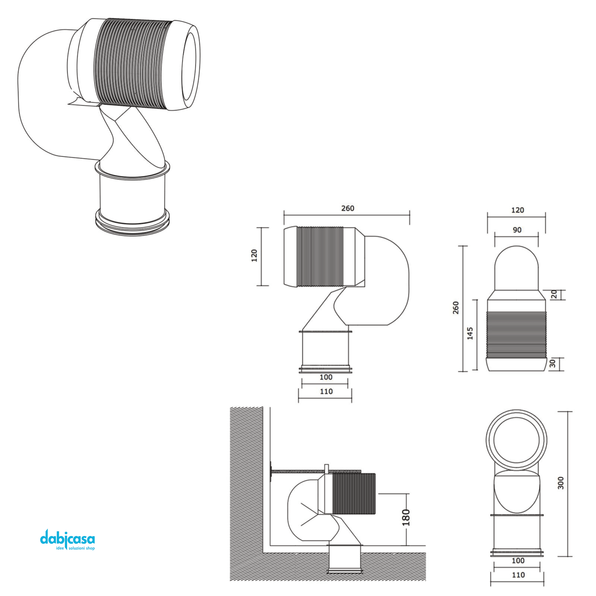 Curva Tecnica Per Wc Traslato Con Scarico a Terra Da 16 a 25 Cm - Dabicasa