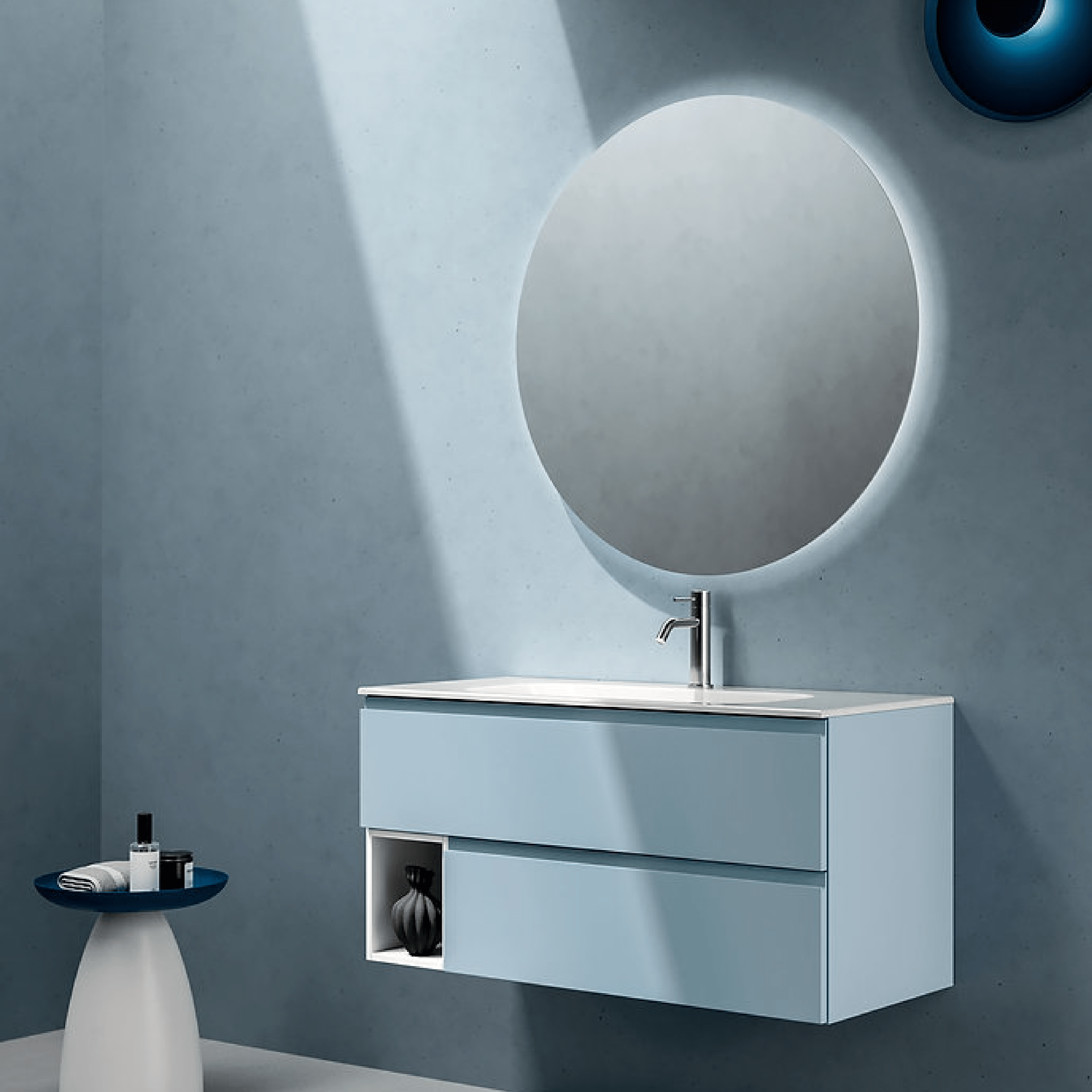 Mobile Bagno Sospeso 100 Cm Due Cassetti Con Vano a Giorno Specchio Retroilluminato Diam.90 Cm ItalBagno "Kompos 122"