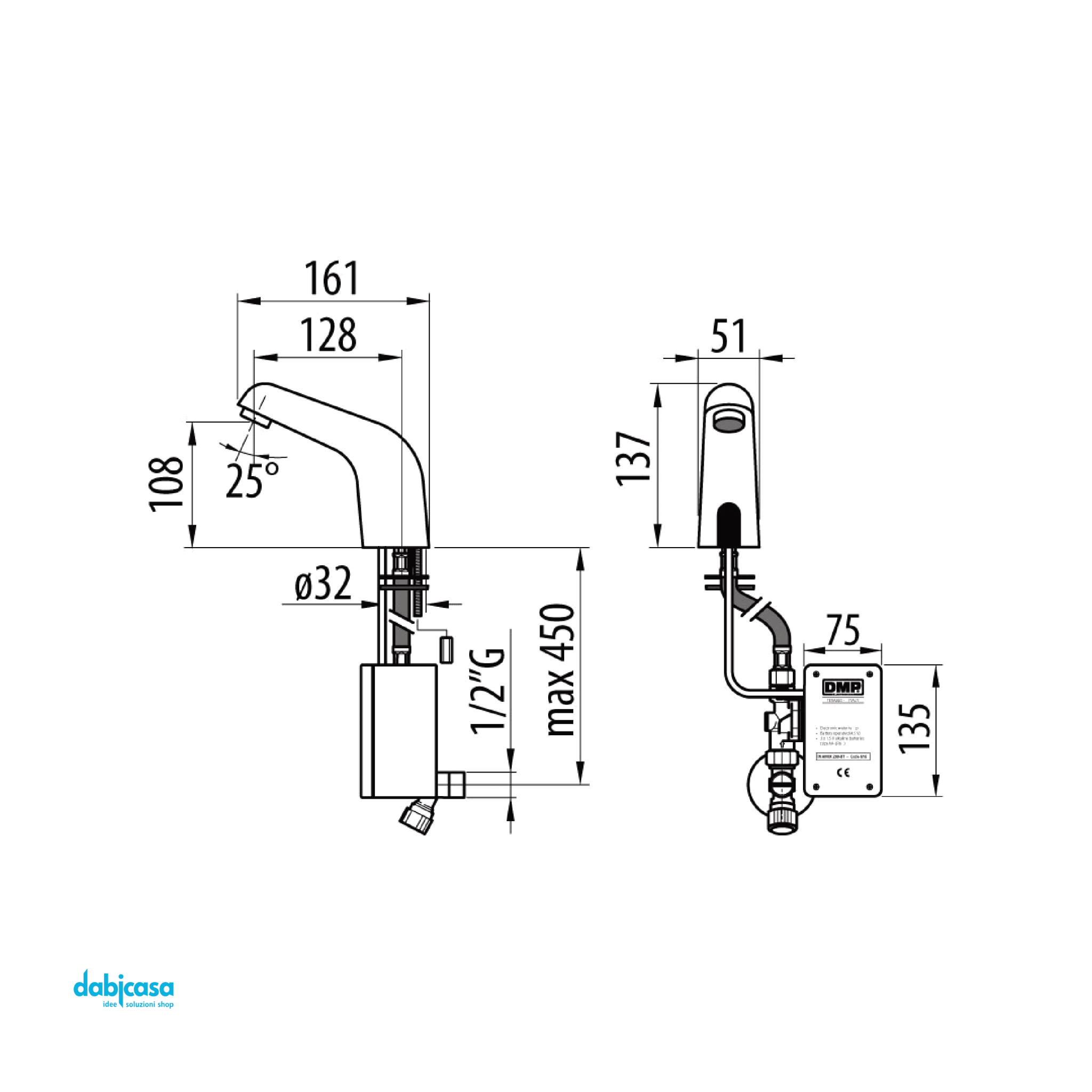 DMP Electronics "Dia" Rubinetto Lavabo a FotoCellula Per Acqua Fredda o Premiscelata Alimentazione a Batteria - Dabicasa