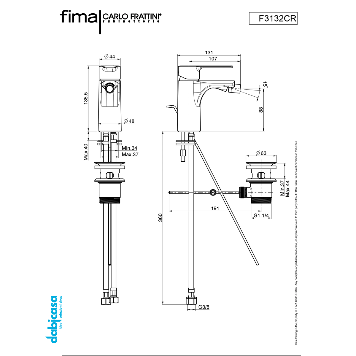 Fima Frattini "Mast" Miscelatore Bidet C/Scarico Automatico Cromo Lucido - Dabicasa