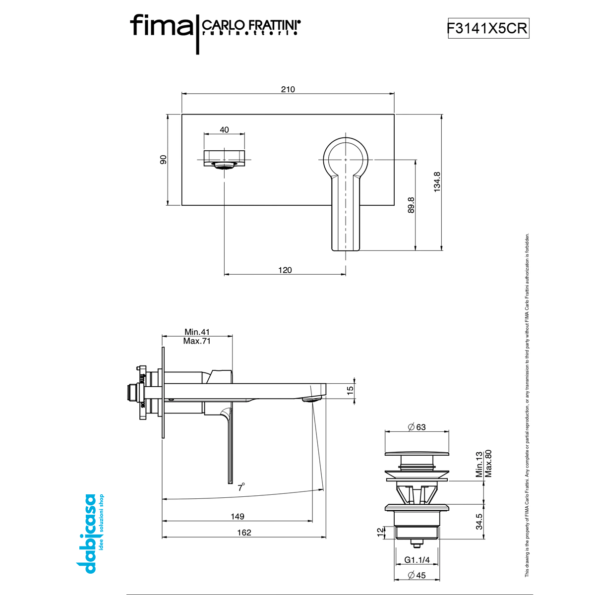 Fima Frattini "Mast" Miscelatore Lavabo a Parete C/Piastra da 162 mm Cromo Lucido C/scarico Cick - Clack - Dabicasa