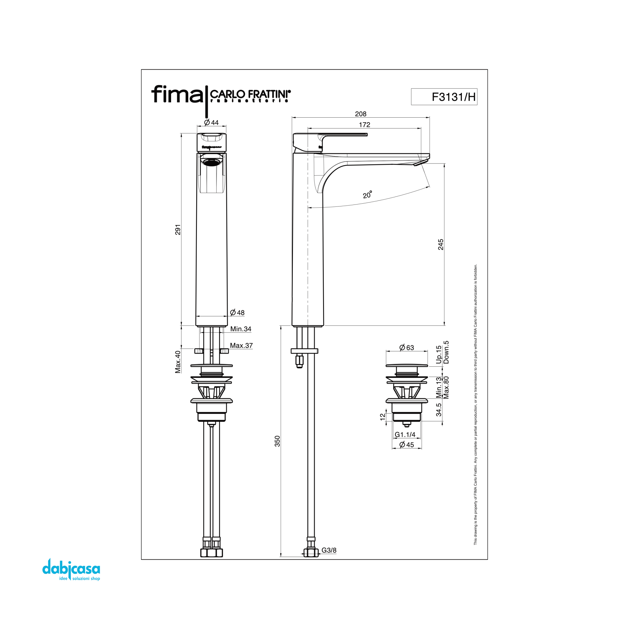 Fima Frattini "Mast" Miscelatore Lavabo Alto Con Scarico Click - Clack - Dabicasa