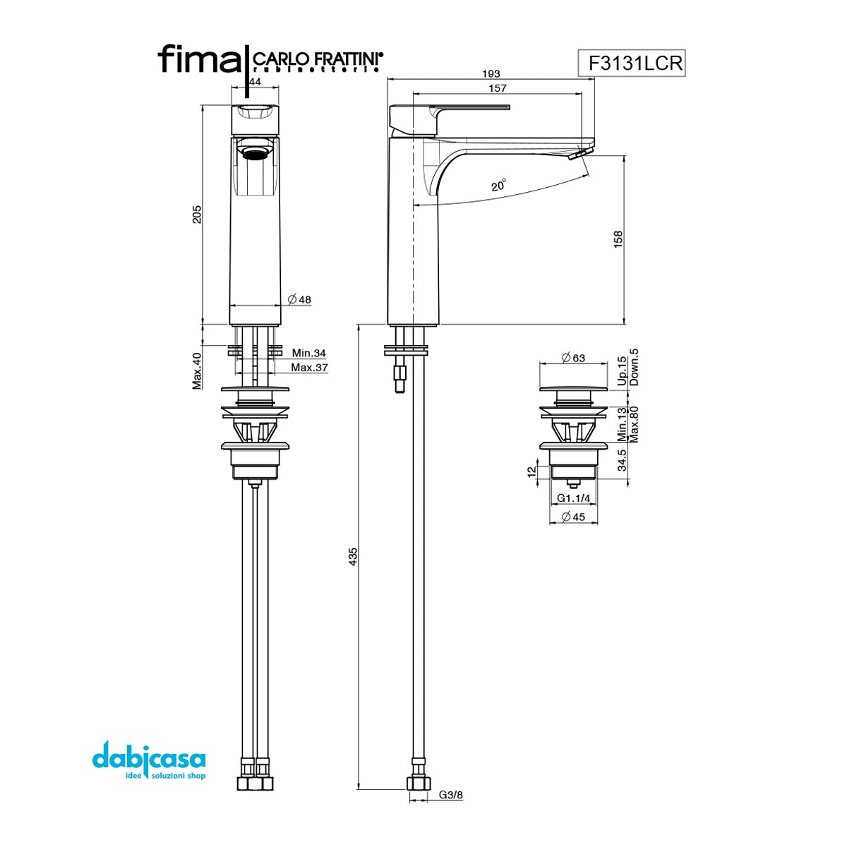 Fima Frattini "Mast" Miscelatore Lavabo Medio Con Scarico Click - Clack - Dabicasa