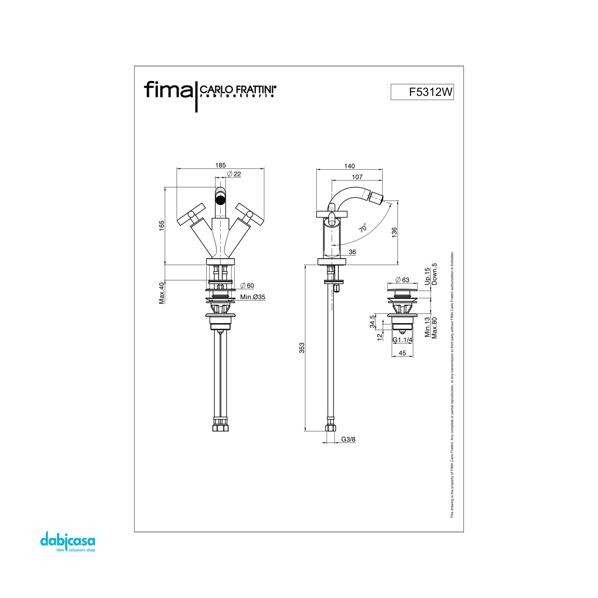 Fima Frattini "Maxima" Miscelatore Bidet C/Canna Girevole Scarico Click - Clack Finitura Cromo Lucido - Dabicasa