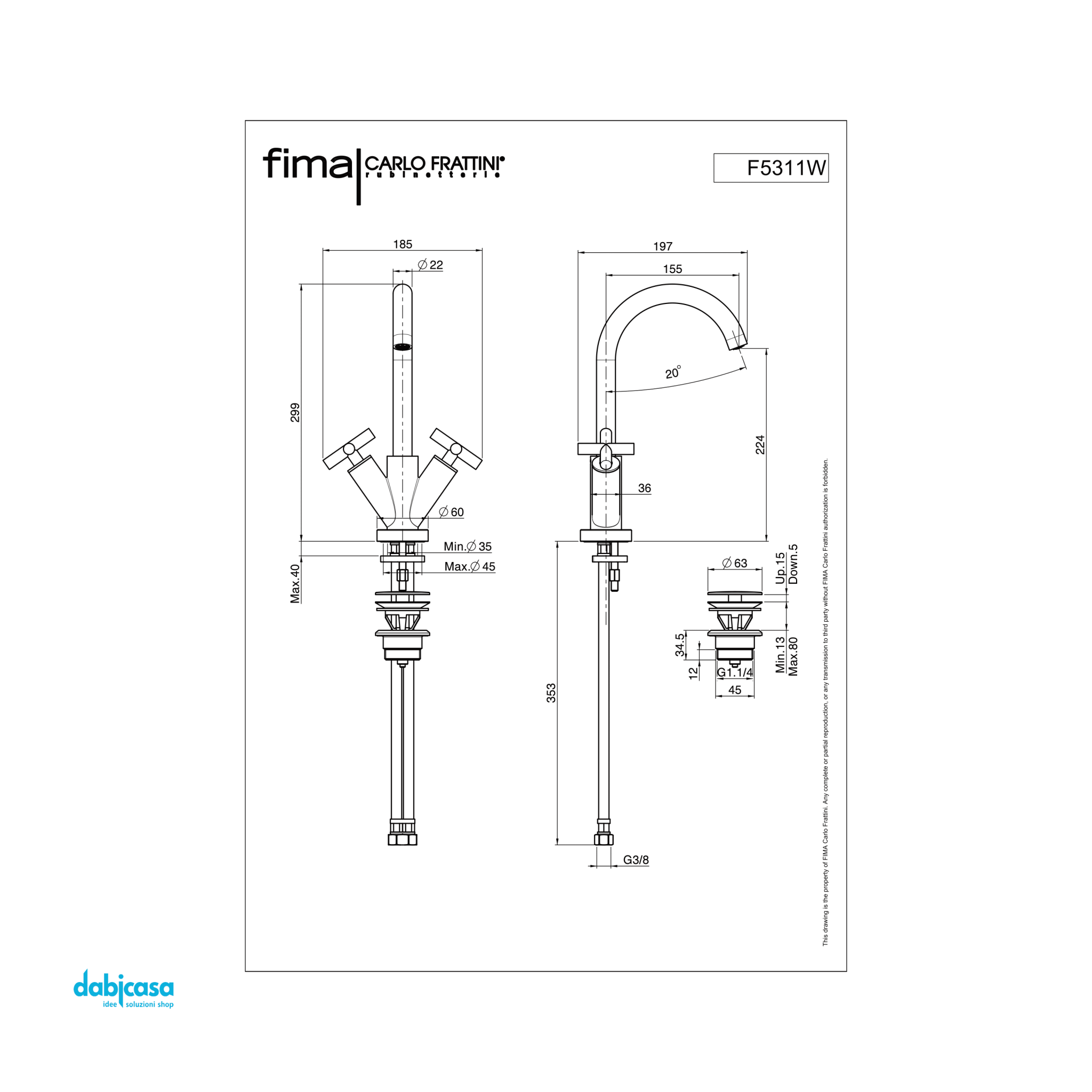 Fima Frattini "Maxima" Miscelatore Lavabo C/Canna Girevole Scarico Click - Clack Finitura Cromo Lucido - Dabicasa