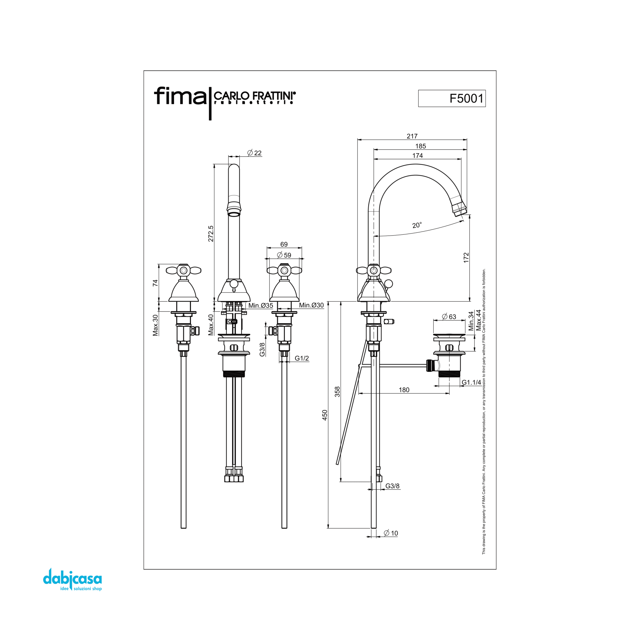 Fima Frattini "Olivia" Miscelatore Lavabo Tre Fori C/Scarico Automatico Canna Girevole Finitura Cromo Lucido - Dabicasa