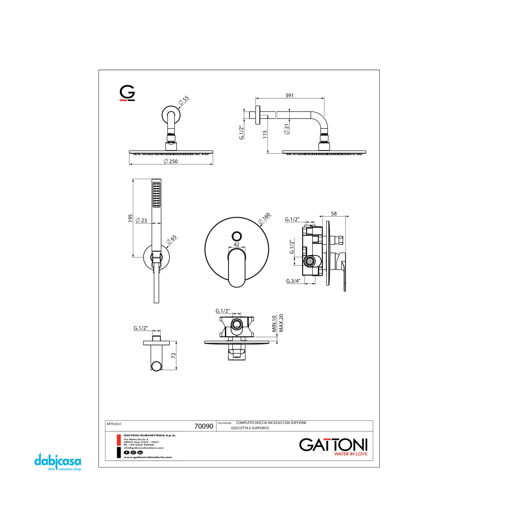 Gattoni "Homix 7000" Set Doccia Completo Di Miscelatore Soffione C/Braccio e Kit Doccetta - Dabicasa