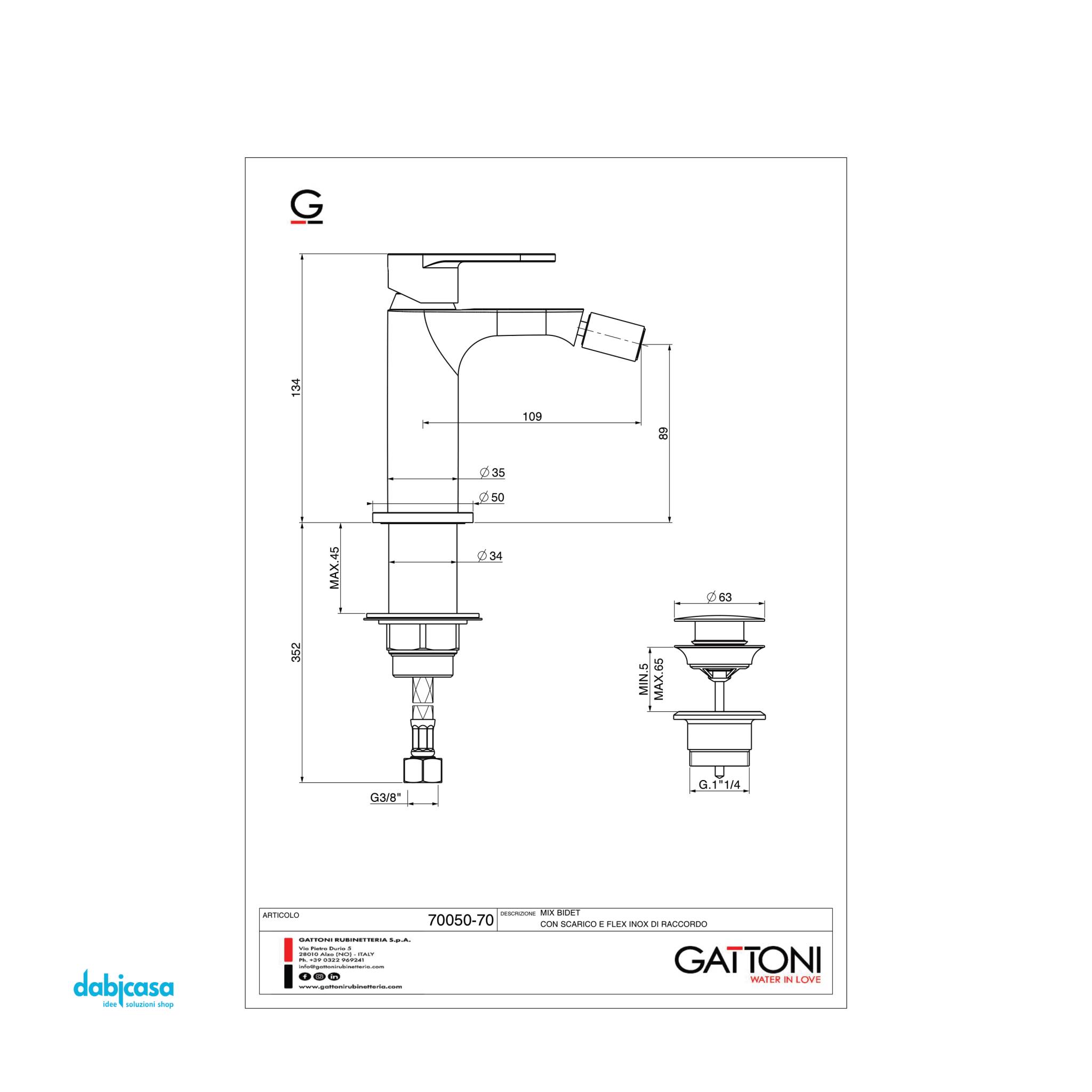 Gattoni Rubinetteria "H2OMIX 7000" Miscelatore Bidet C/Scarico Click - Clack Finitura Cromo Lucido - Dabicasa