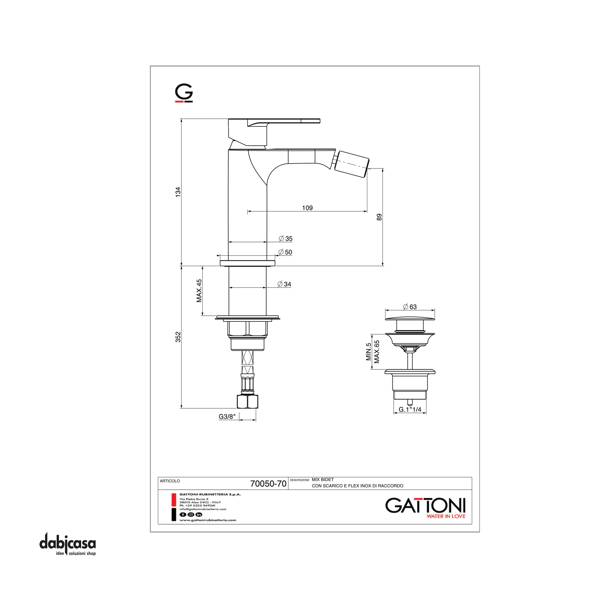 Gattoni Rubinetteria "H2OMIX 7000" Miscelatore Bidet C/Scarico Click - Clack Finitura Nero Opaco - Dabicasa