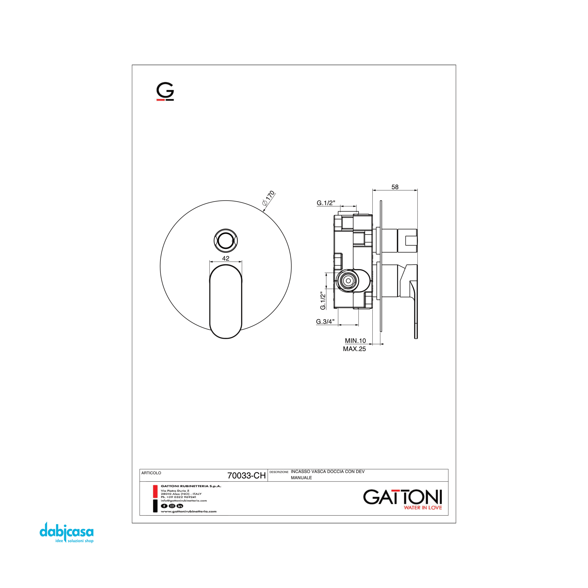 Gattoni Rubinetteria "H2OMIX 7000" Miscelatore Doccia C/Deviatore A Due Uscite Completo Di Parte Da Incasso Finitura Nero Opaco - Dabicasa