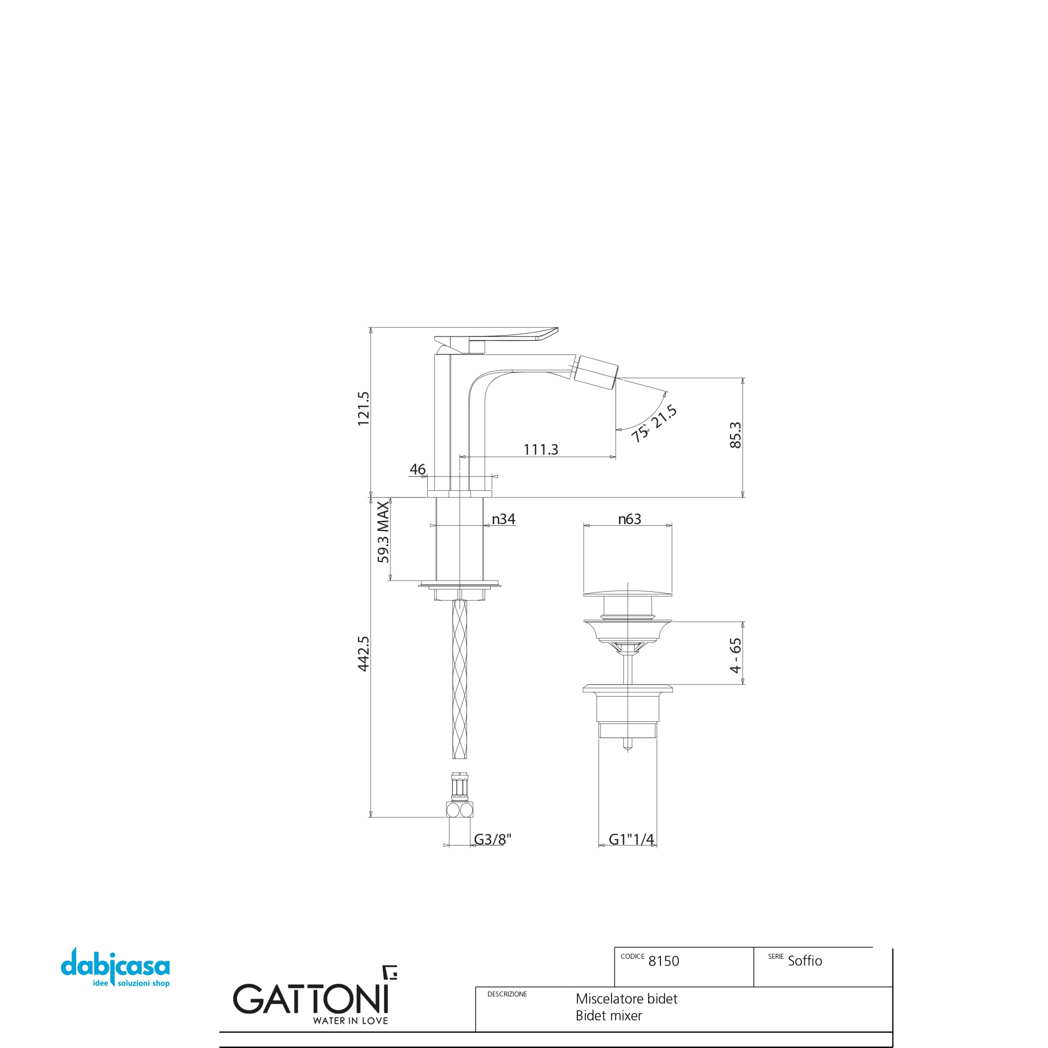 Gattoni Rubinetteria "Soffiò" Miscelatore Bidet C/Scarico Click - Clack Finitura Cromo Lucido - Dabicasa