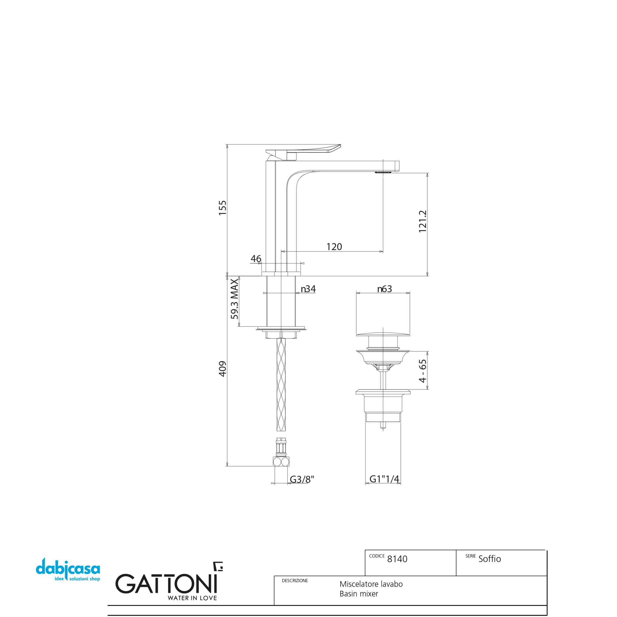 Gattoni Rubinetteria "Soffiò" Miscelatore Lavabo C/Scarico Click - Clack Finitura Cromo Lucido - Dabicasa