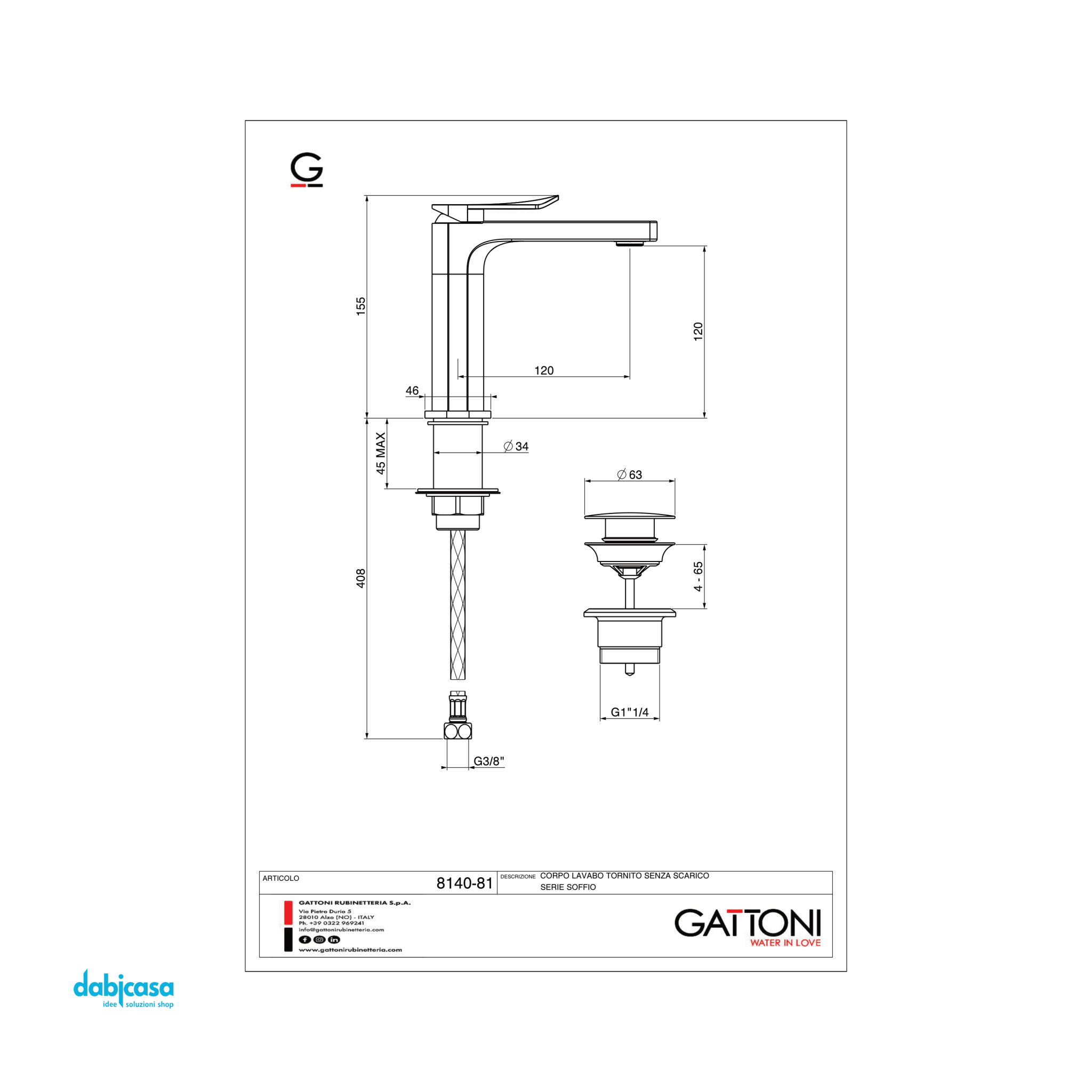 Gattoni Rubinetteria "Soffiò" Miscelatore Lavabo C/Scarico Click - Clack Finitura Oro Satinato - Dabicasa