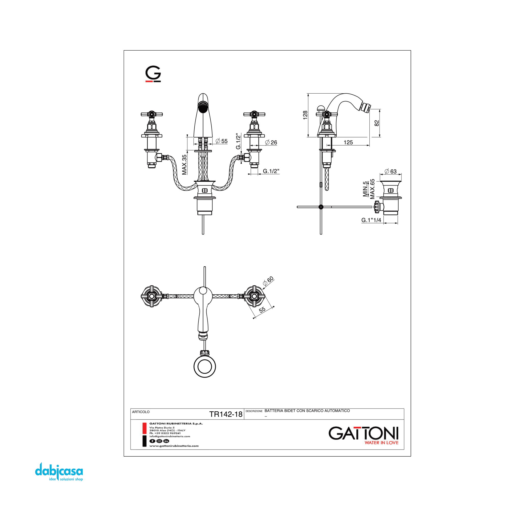 Gattoni Rubinetteria "TRD" Miscelatore Bidet a Tre Fori C/Scarico Automatico In Ottone Finitura Cromato - Dabicasa