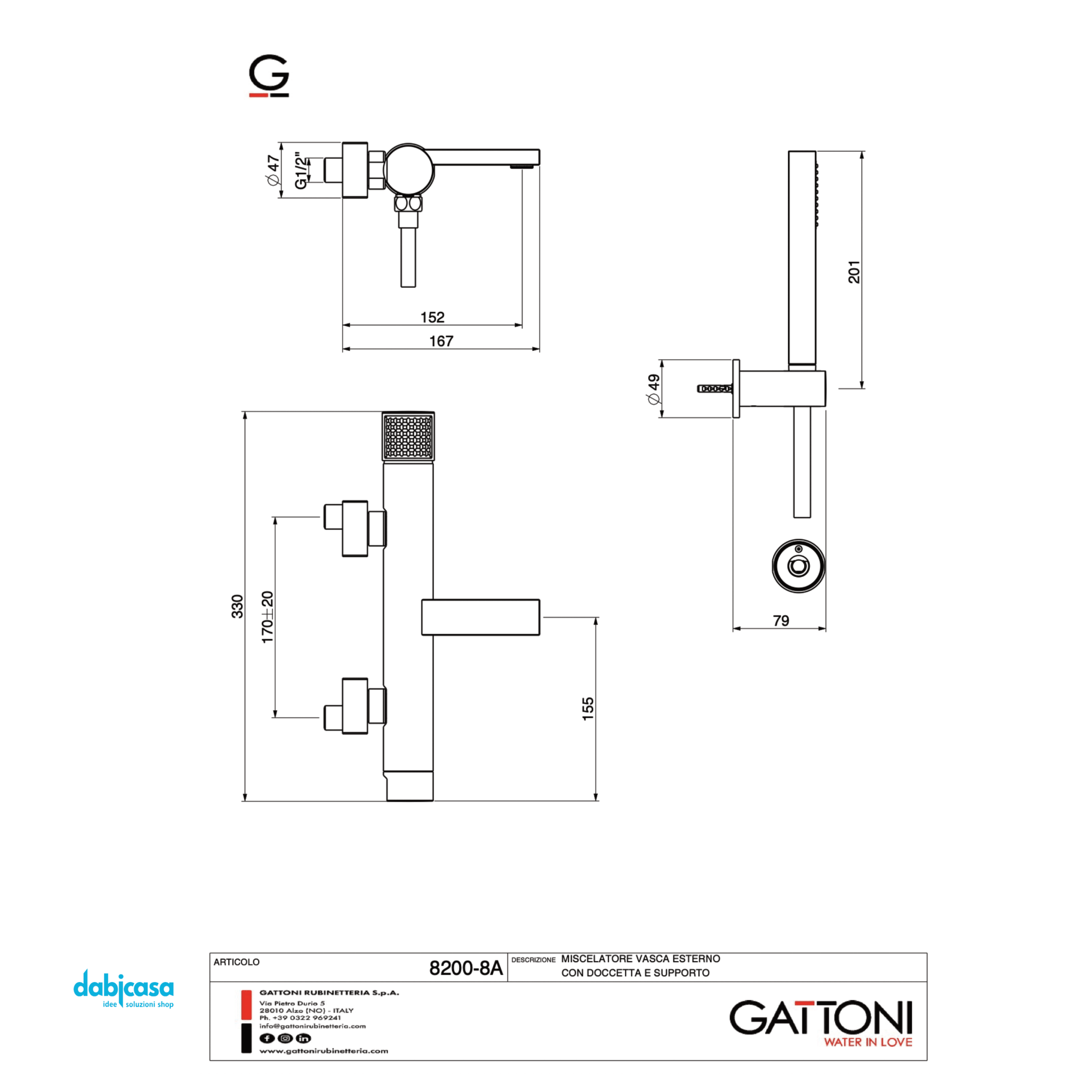 Gattoni "T_K" Gruppo Vasca Parete Completo Di Kit Doccia Cromo Lucido - Dabicasa