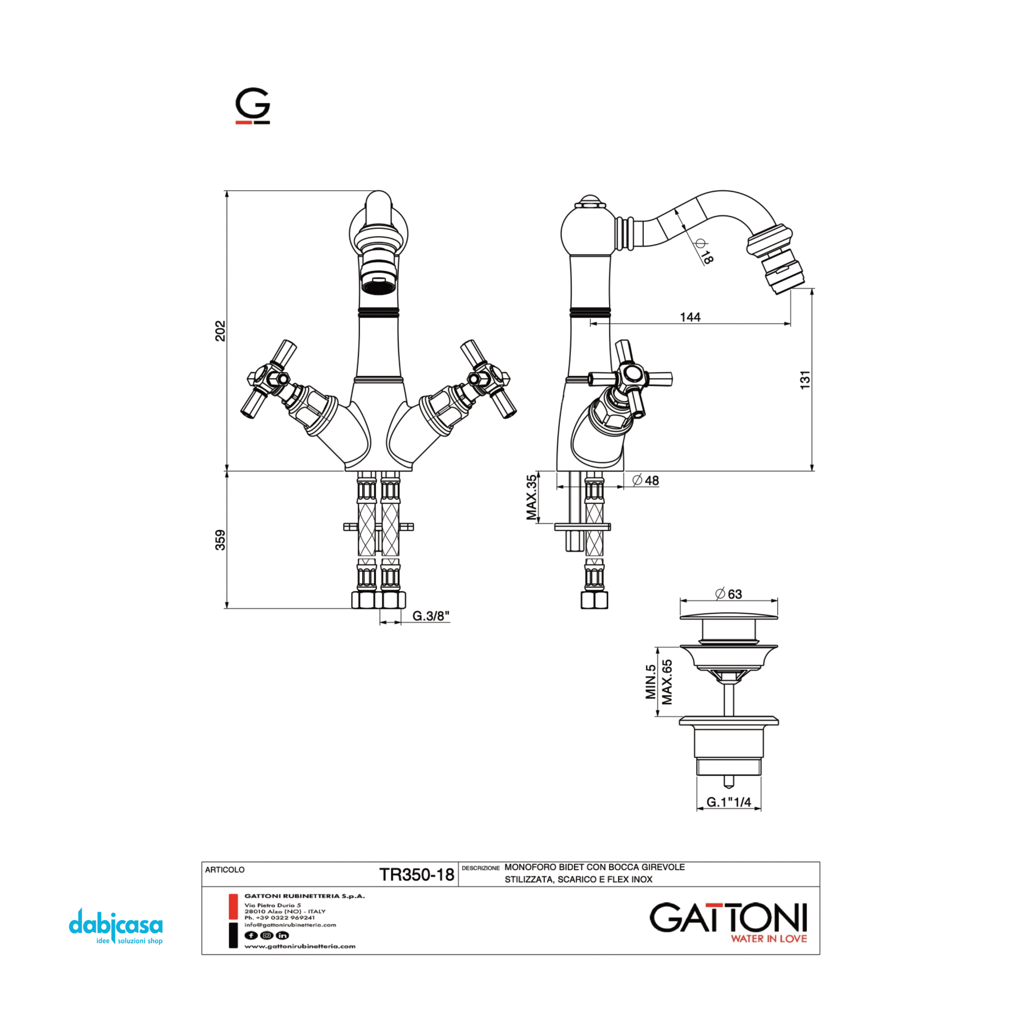 Gattoni "TRD" Miscelatore Bidet C/Bocca Girevole e Scarico Automatico Flex Inox Di Alimentazione Cromo Lucido - Dabicasa