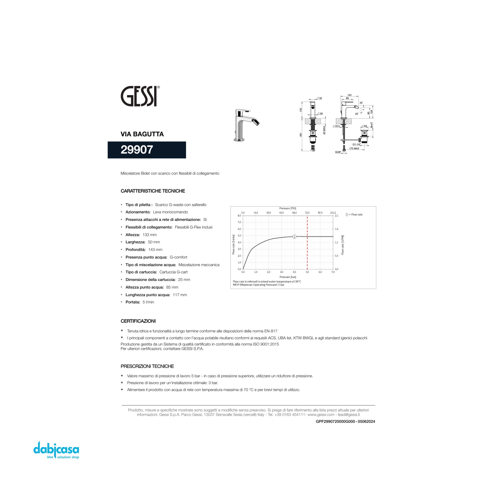 Gessi "Via Bagutta" Miscelatore Bidet Con Scarico Automatico - Dabicasa