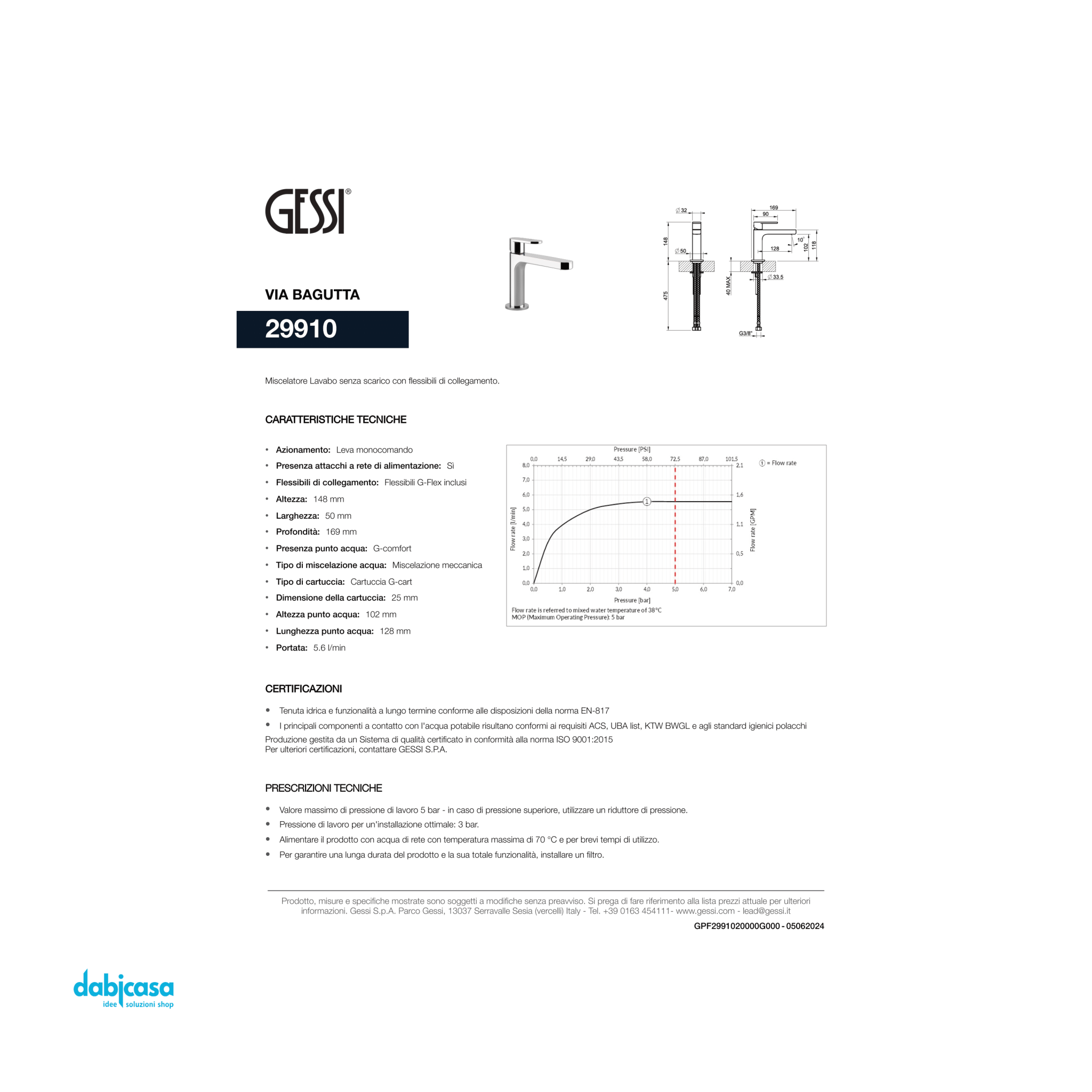 Gessi "Via Bagutta" Miscelatore Lavabo Senza Scarico Automatico - Dabicasa