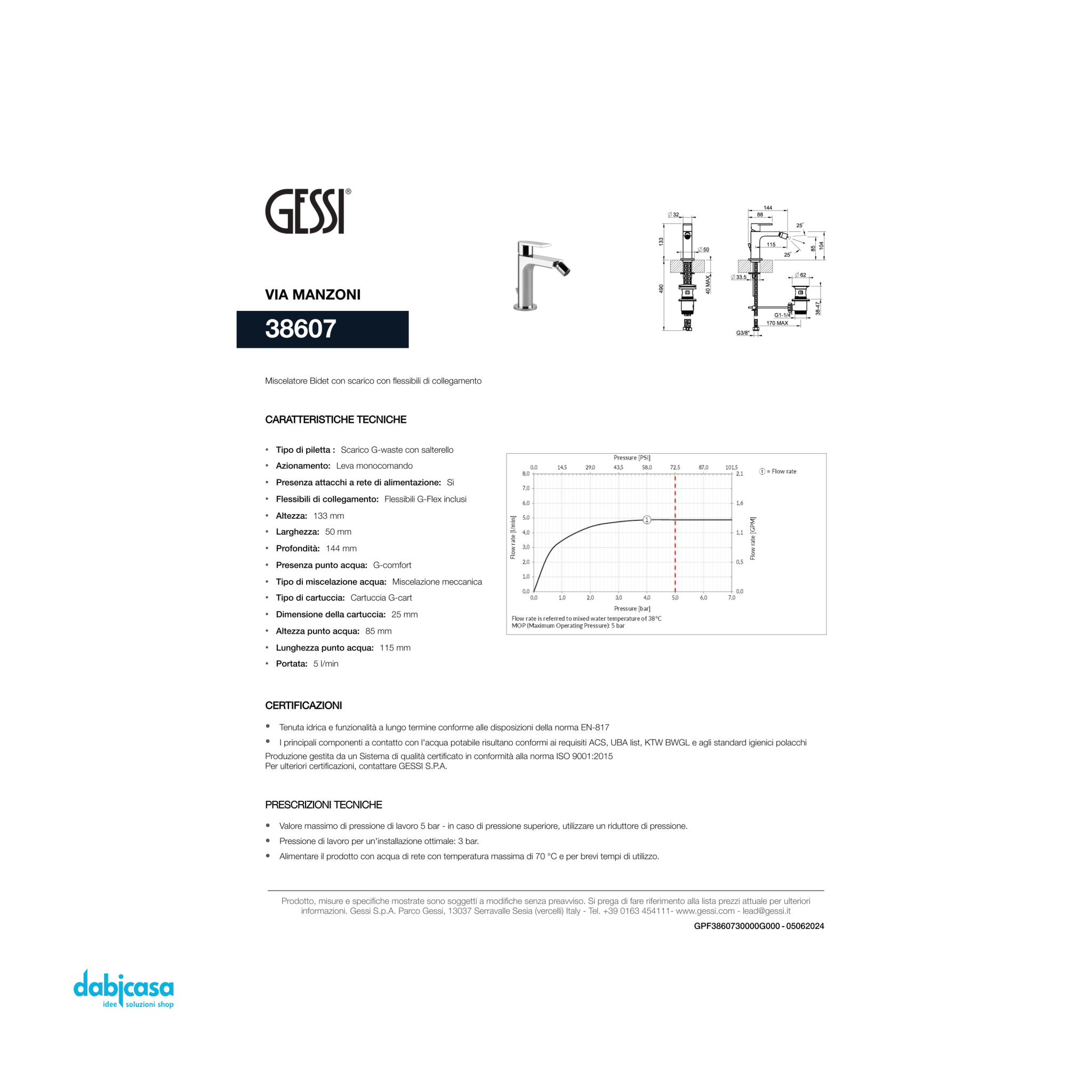 Gessi "Via Manzoni" Miscelatore Bidet C/Scarico Automatico Cromo Lucido - Dabicasa