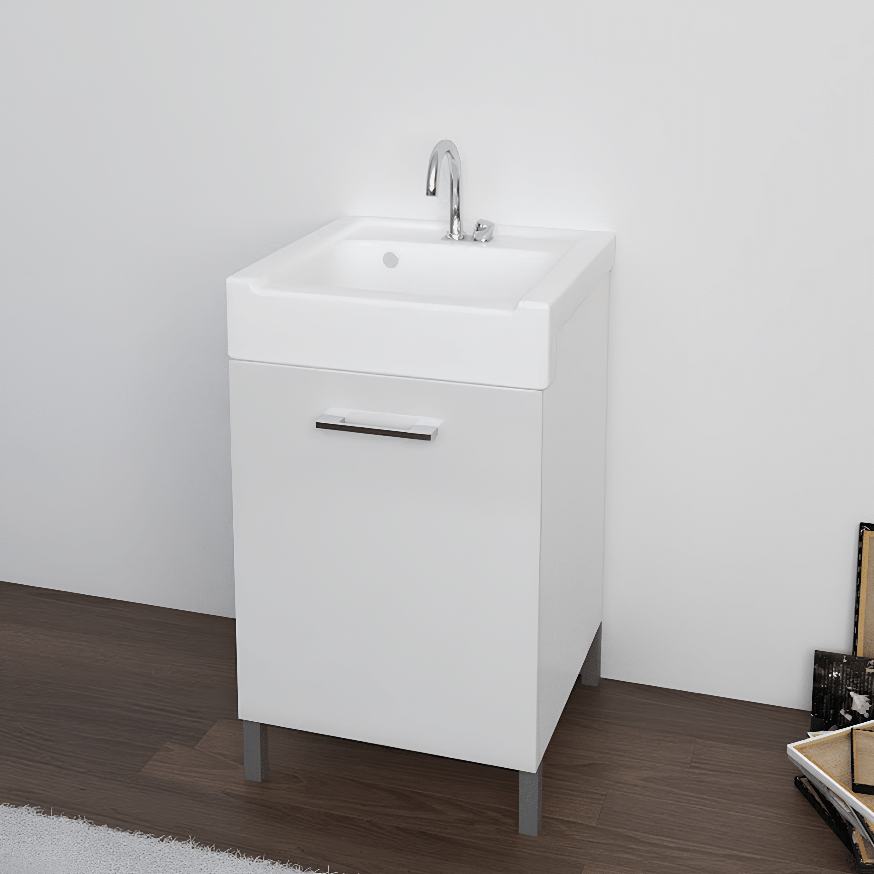 Lavatoio a Terra 50x50 Un'Anta Apertura a Sinistra Xilon "Lavarredo" Bianco Opaco/Bianco Lucido