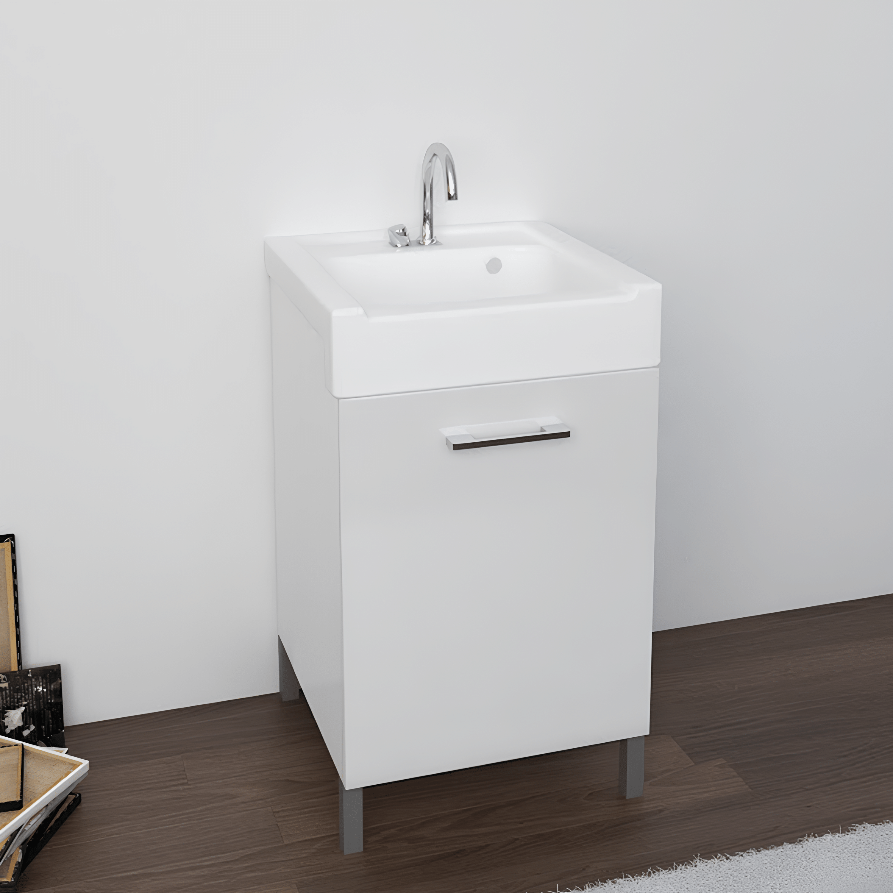 Lavatoio a Terra 50x50 Un'Anta Apertura a Destra Xilon "Lavarredo" Bianco Opaco/Bianco Lucido