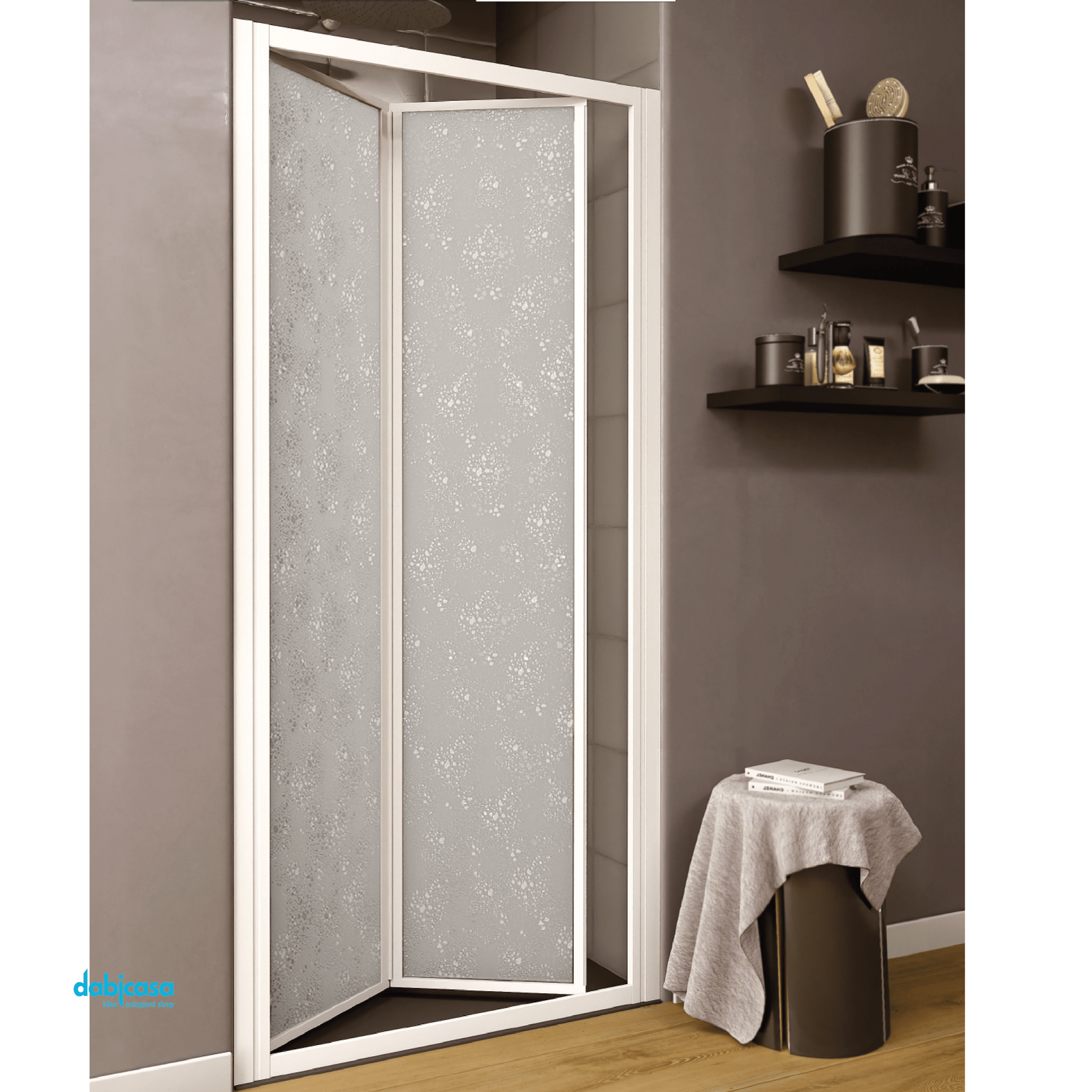 Giava Porta a Due Ante a Soffietto "Smeralda" Da 63/68 Cm Cristallo Temperato Acrilico Bollicine Da 3 mm Profili Bianchi - Dabicasa