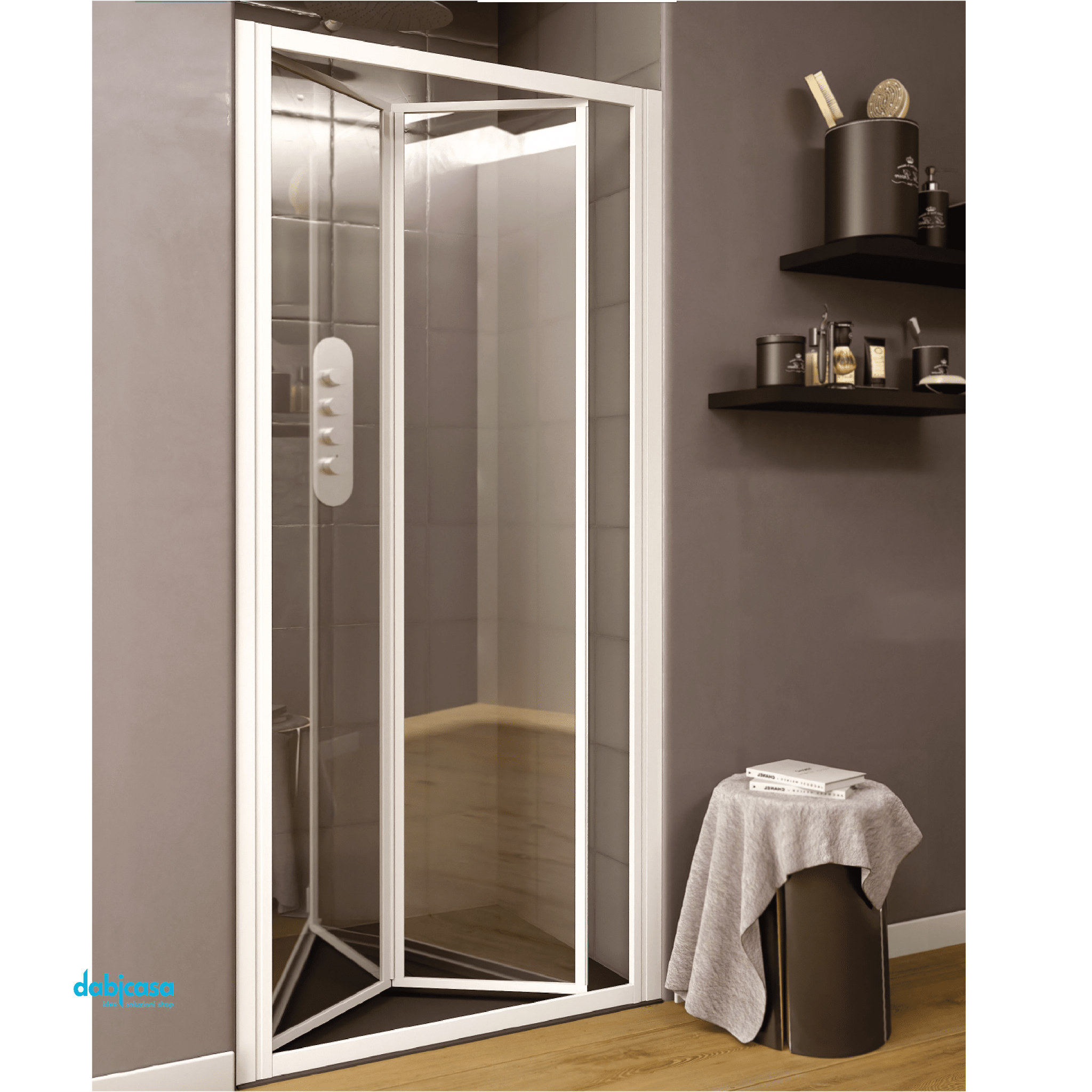 Giava Porta a Due Ante a Soffietto "Smeralda" Da 68/73 Cm Cristallo Temperato Trasparente Da 3 mm Profili Bianchi - Dabicasa