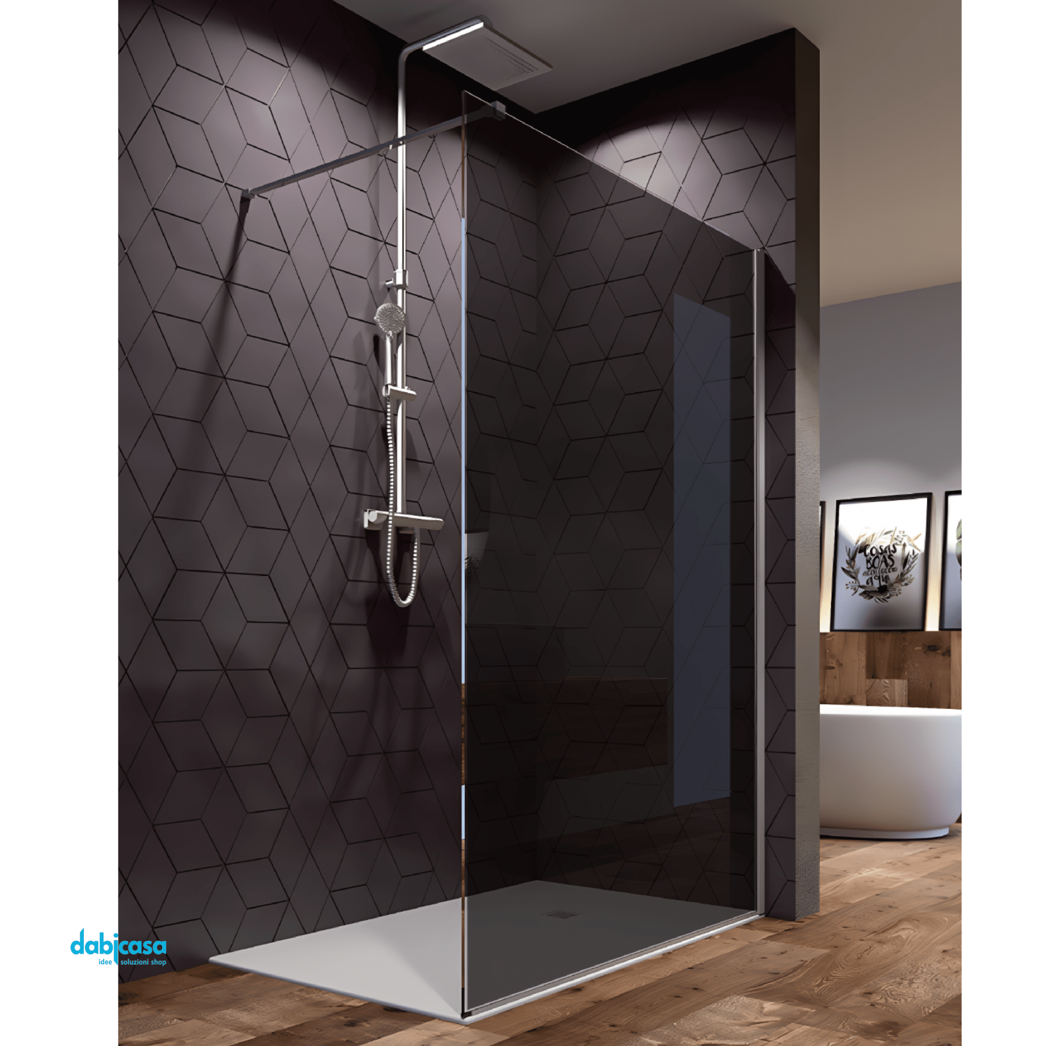 Giava Walk - In Da 107/108 Cm "Fiji" Cristallo Temperato Grey Da 6 mm Profilo e Barra Di Sostegno Cromo Lucido - Dabicasa