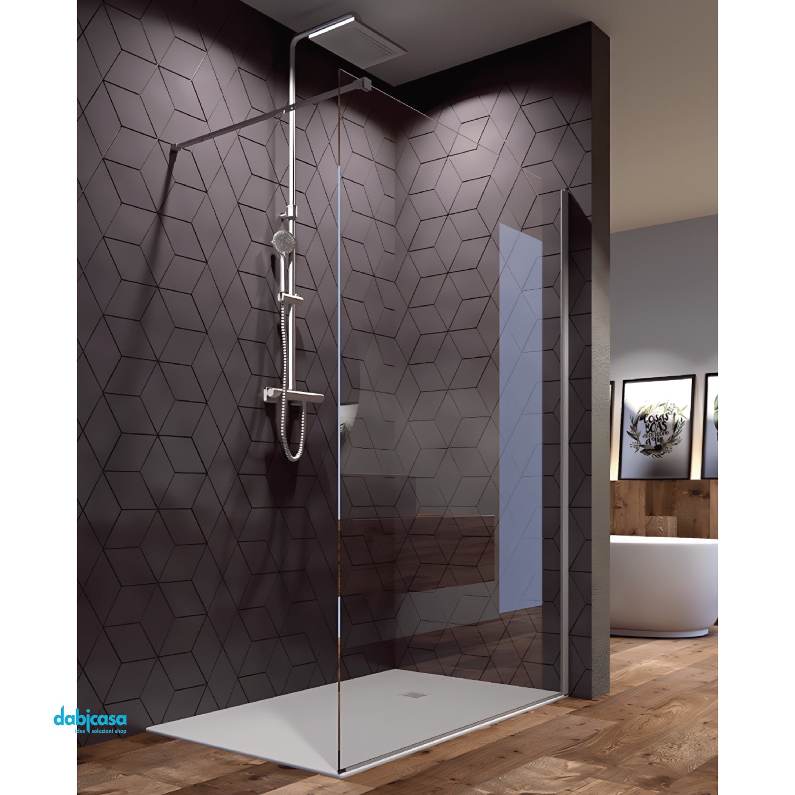 Giava Walk - In Da 107/108 Cm "Fiji" Cristallo Temperato Trasparente Da 6 mm Profilo e Barra Di Sostegno Cromo Lucido - Dabicasa