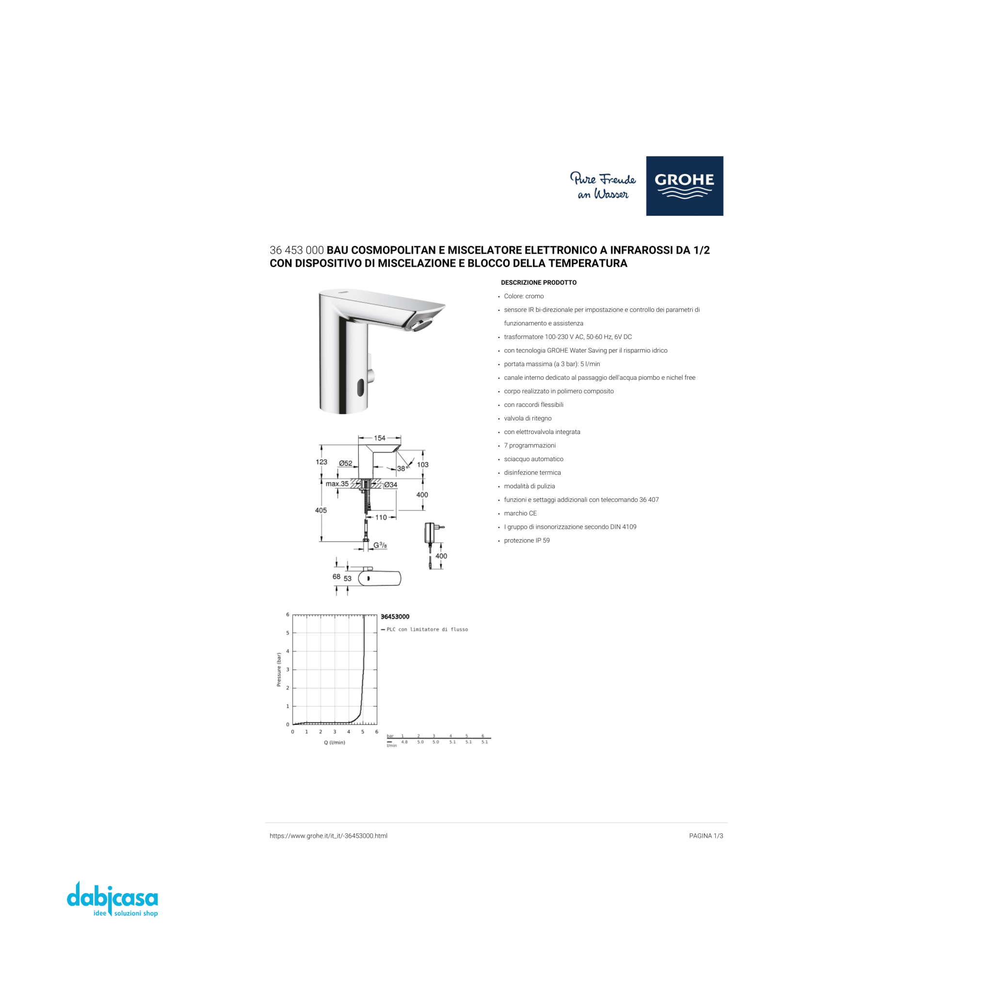 Grohe "Bau Cosmopolitan" Miscelatore Lavabo a FotoCellula C/Infrarossi Da 1/2 Con Dispositivo Di Miscelazione e Blocco Temperatura Alimentazione a Corrente - Dabicasa