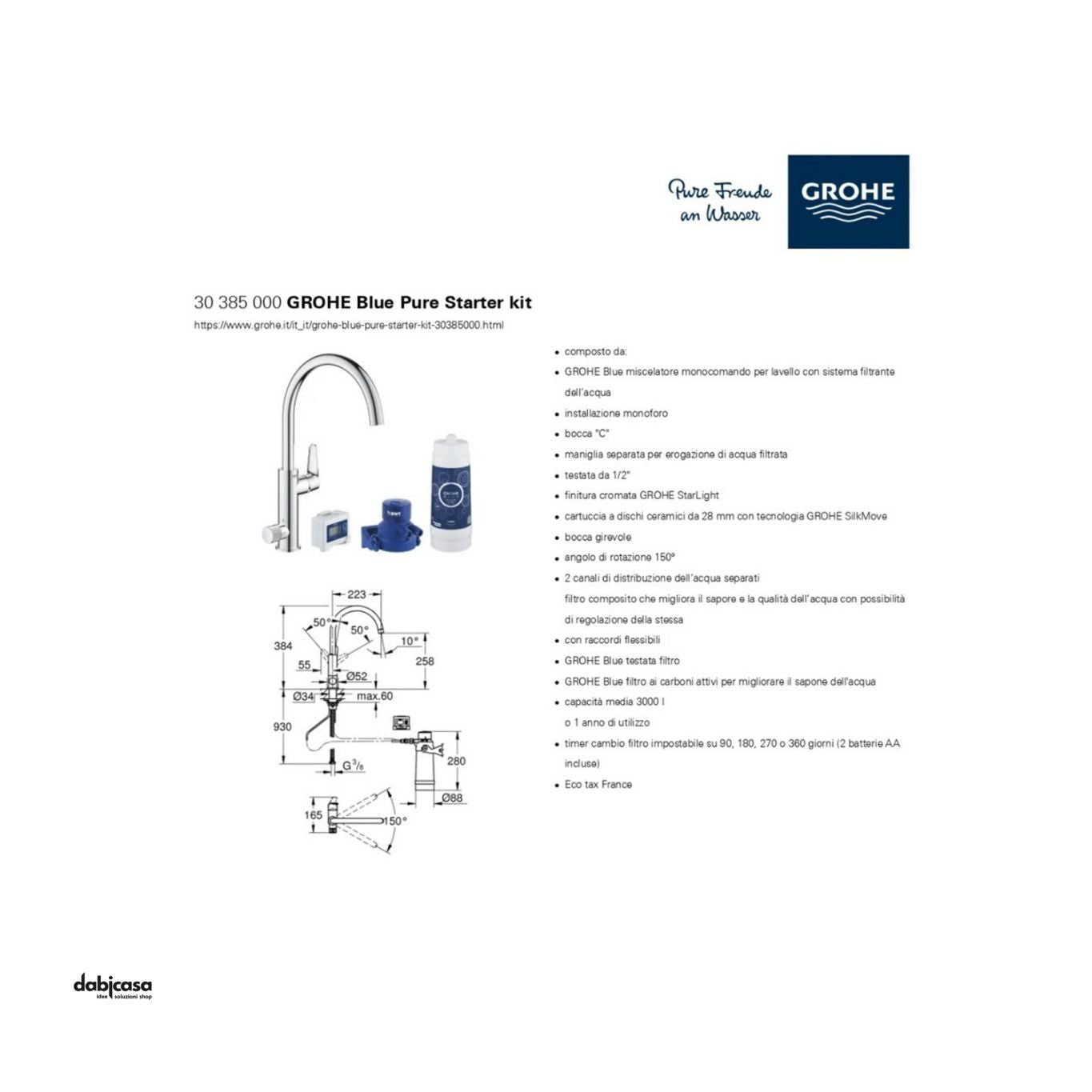 Grohe "Blue Pure" Miscelatore Lavello C/Depuratore Per Acqua Cromo Lucido - Dabicasa