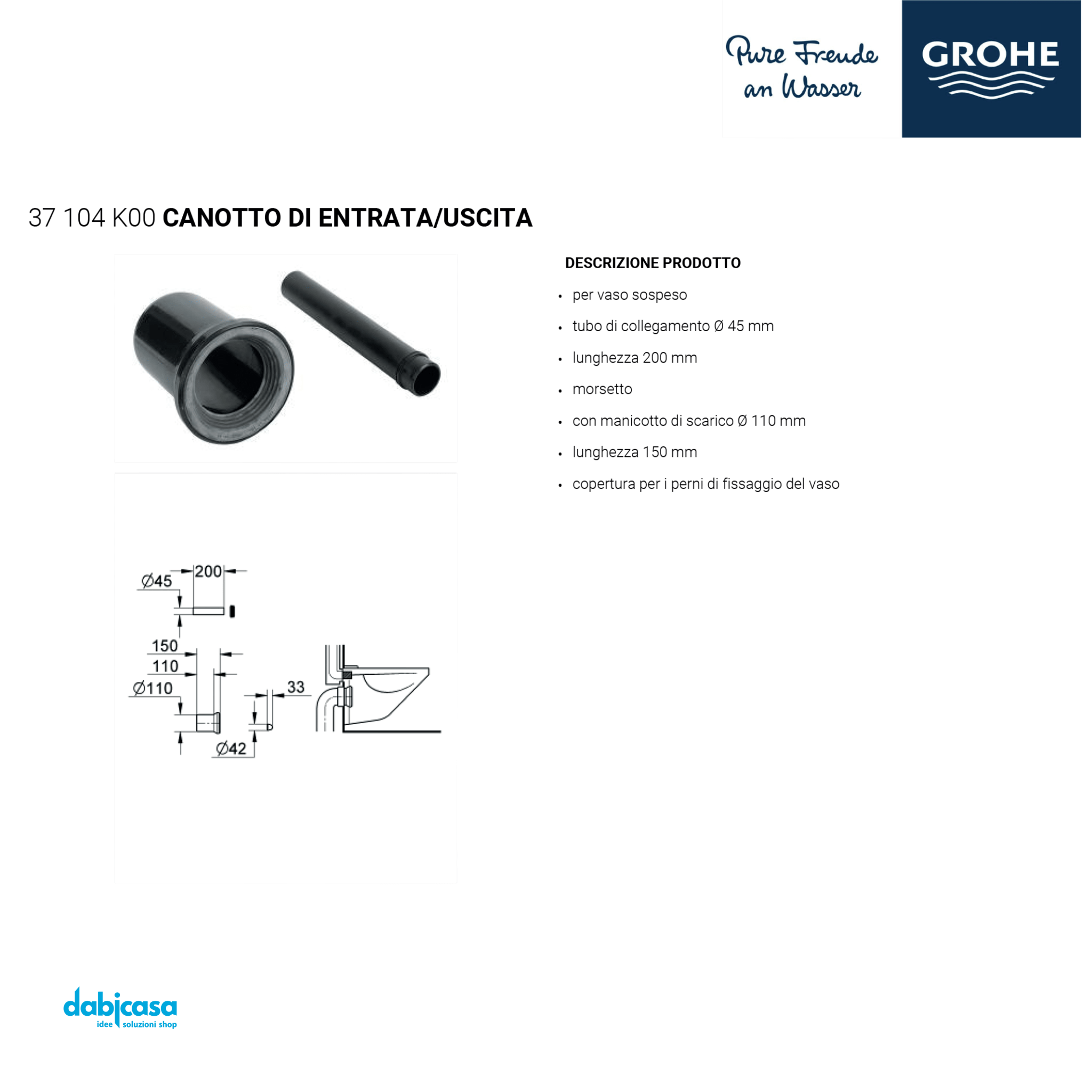 Grohe Curva Tecnica Per Vaso Sospeso Da 110 mm - Dabicasa