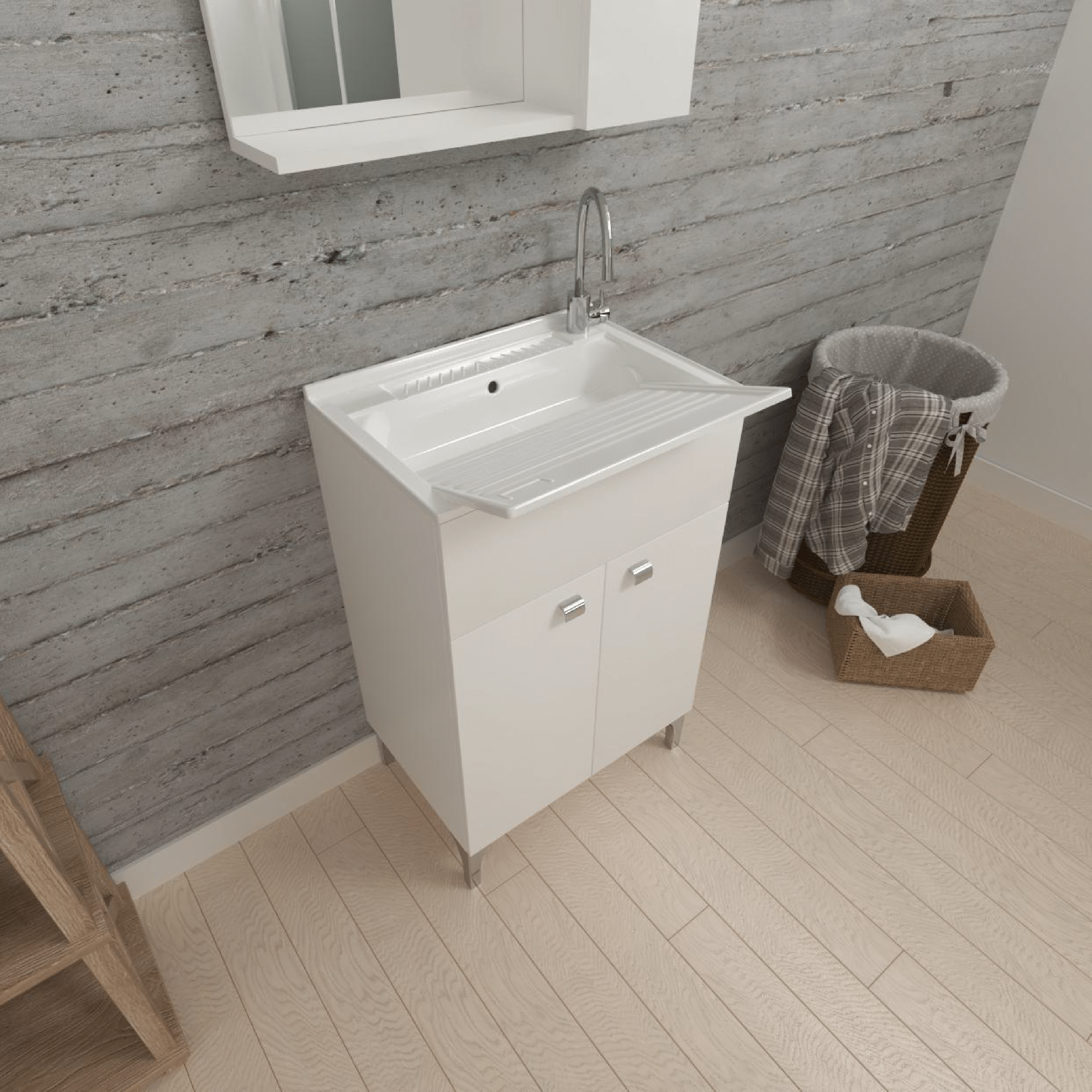 Lavatoio a Terra 50x50 Due Ante Con Vasca e Tavoletta "Enea" Bianco Lucido