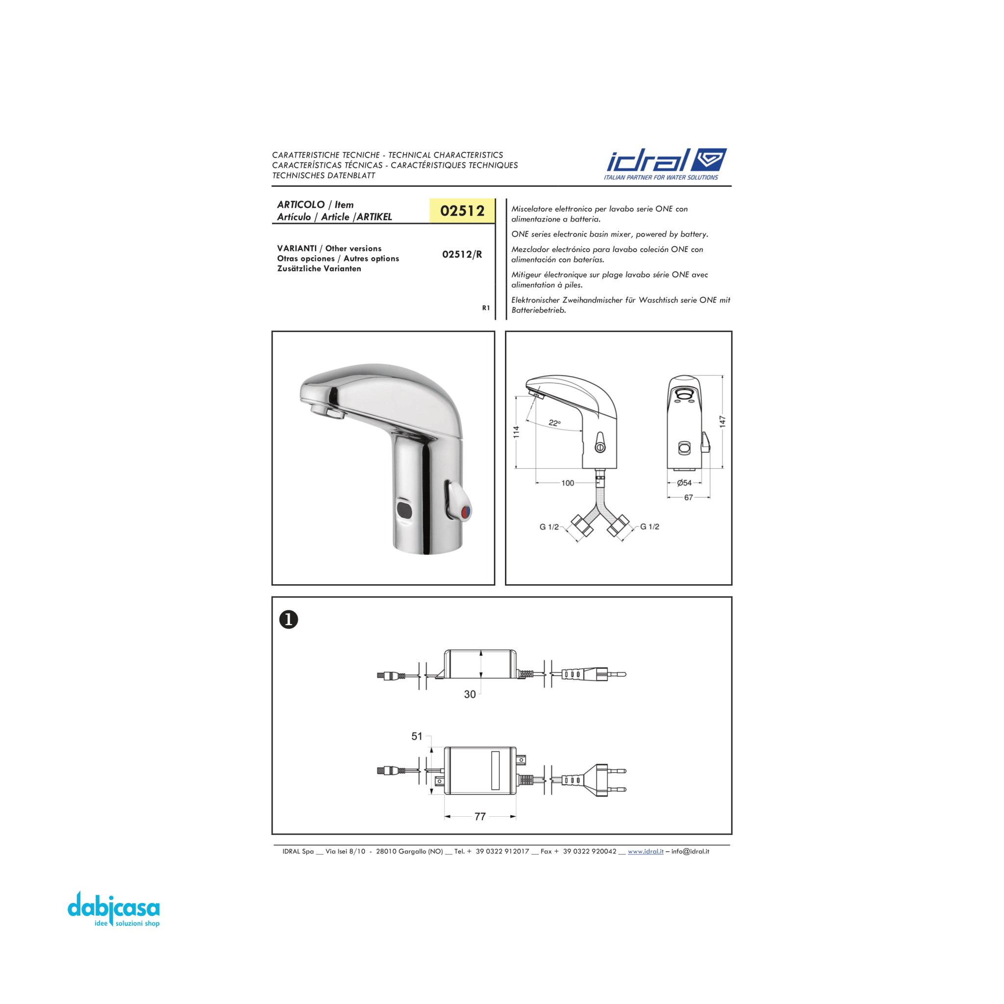 Idral "One" Miscelatore Lavabo a FotoCellula Alimentazione a Batteria - Dabicasa