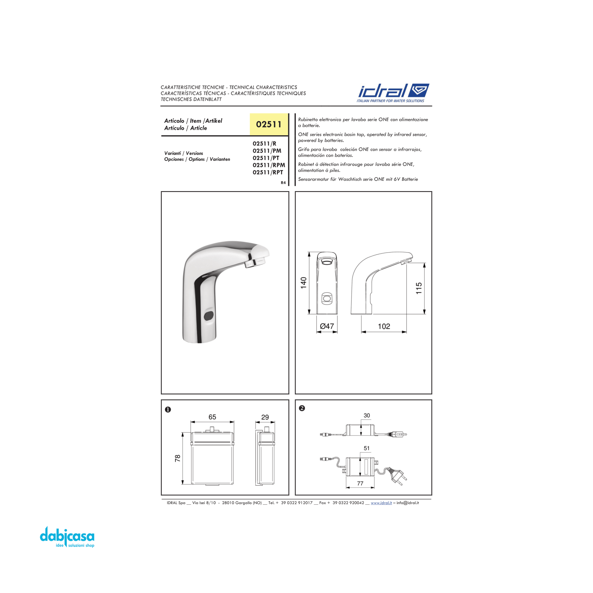 Idral "One" Rubinetto Lavabo a FotoCellula Alimentazione a Batteria - Dabicasa