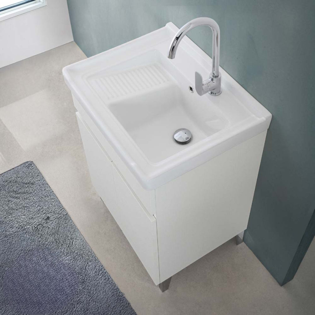 Lavatoio a Terra 60x46,8 Due Ante Con Vasca Feridras "Alba" Bianco Frassinato