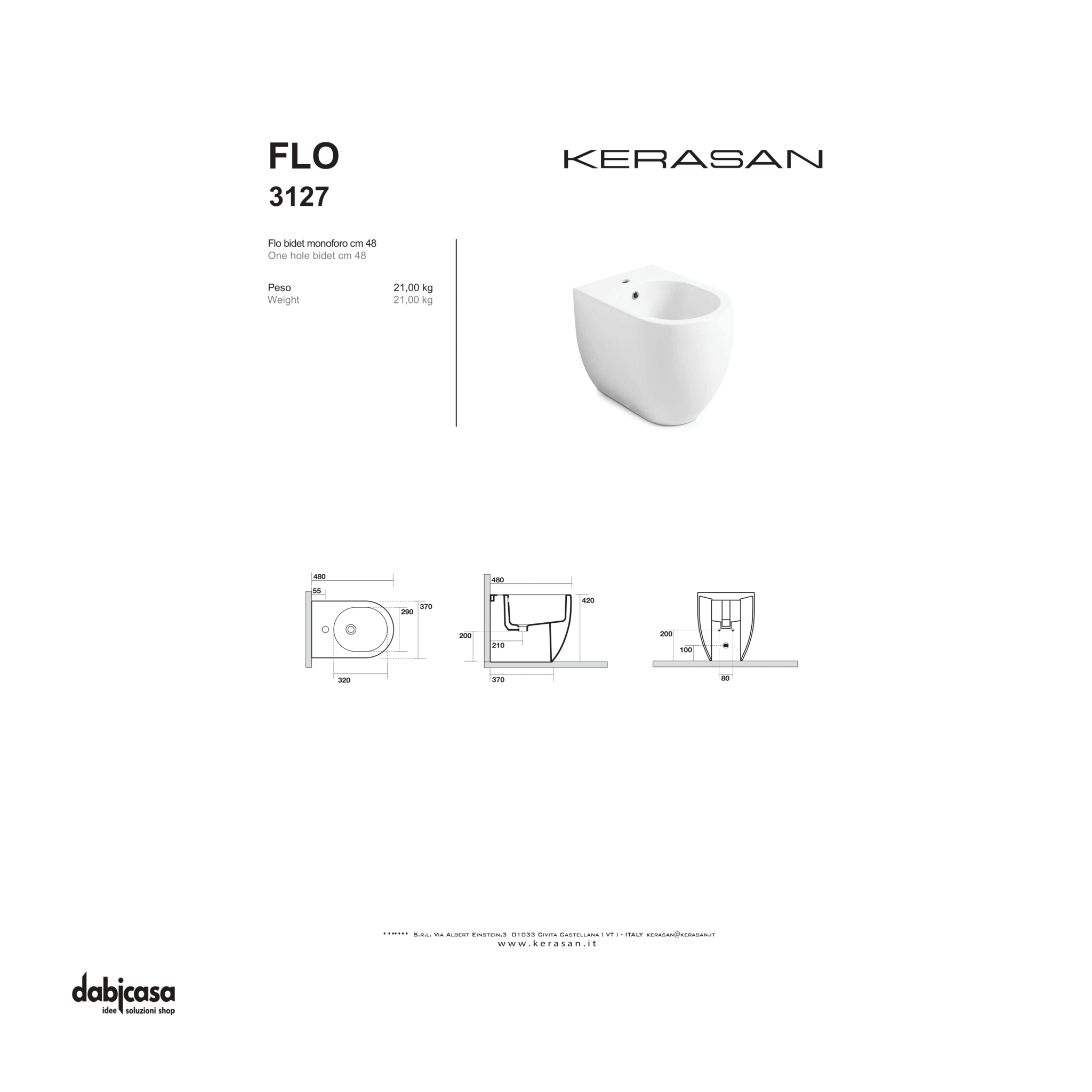 Kerasan "Flo 48" Bidet Da Terra Filo Muro Bianco Lucido - Dabicasa