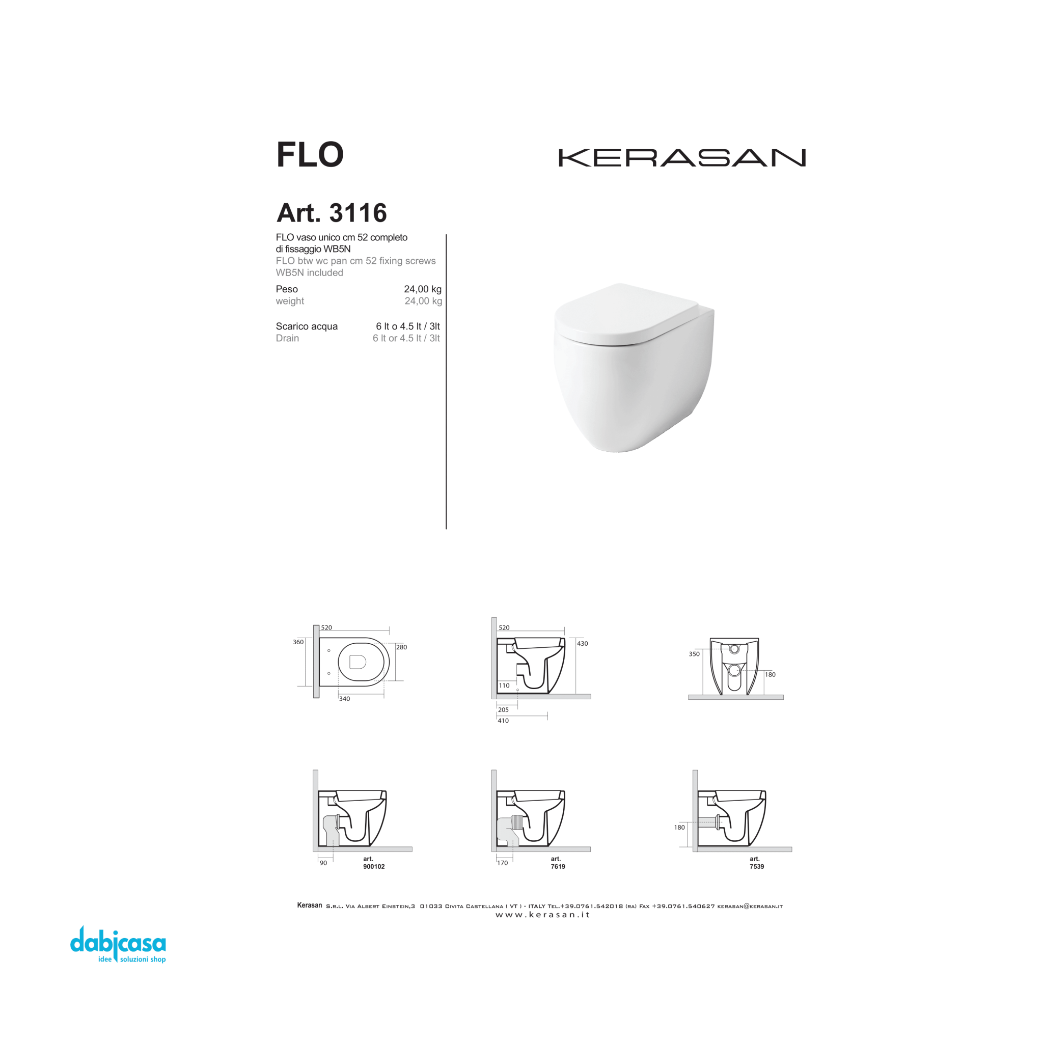 Kerasan "Flo 52" Wc Da Terra Filo Parete Bianco Lucido Con Brida - Dabicasa