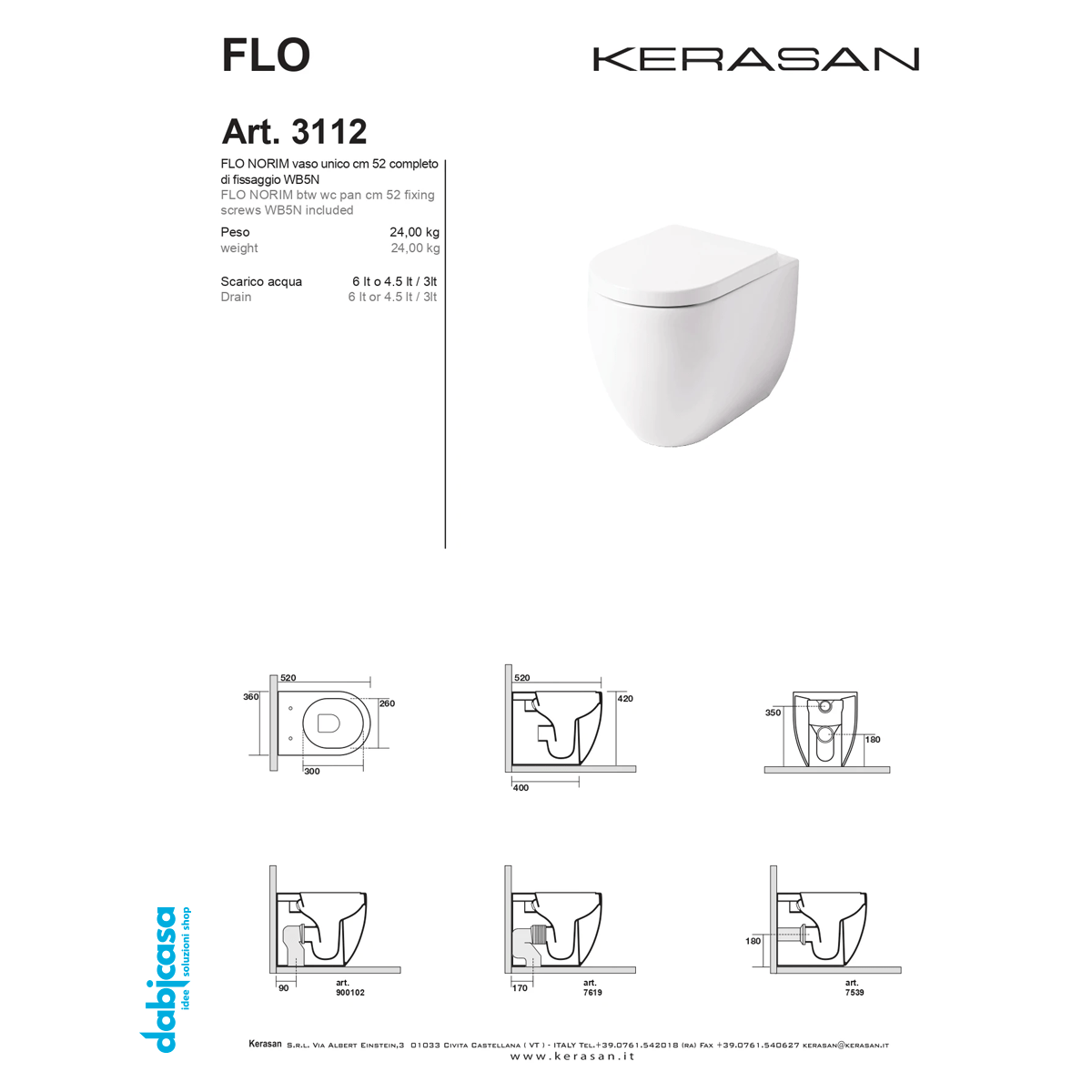 Kerasan "Flo 52" Wc Da Terra FiloMuro Bianco Lucido Senza Brida - Dabicasa