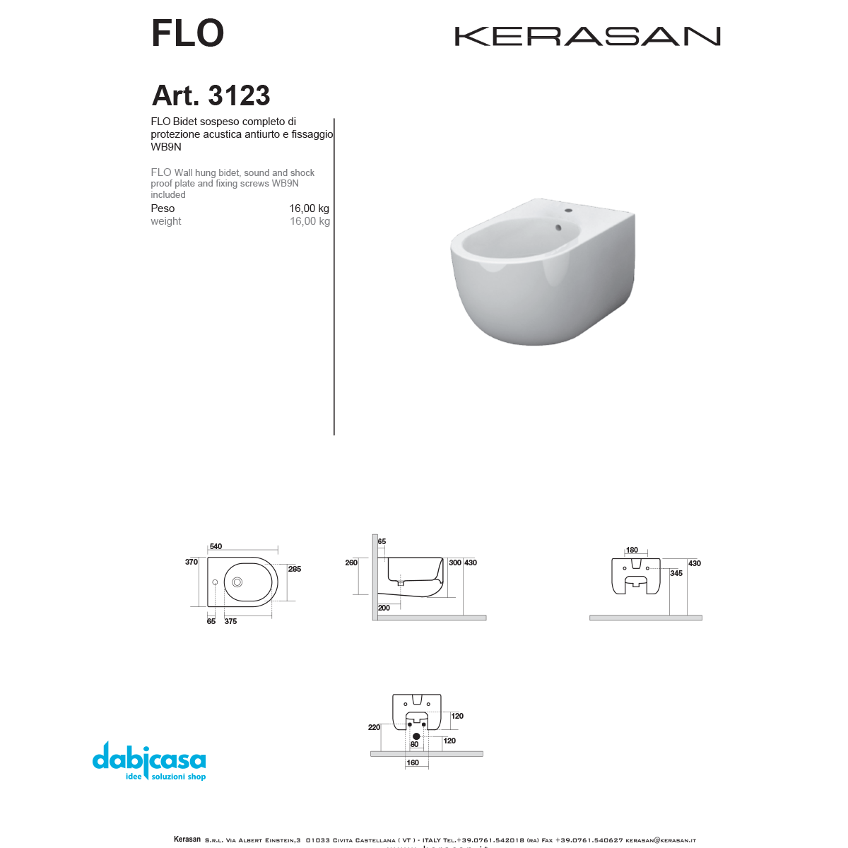 Kerasan "Flo 54" Bidet Sospeso Bianco Lucido - Dabicasa