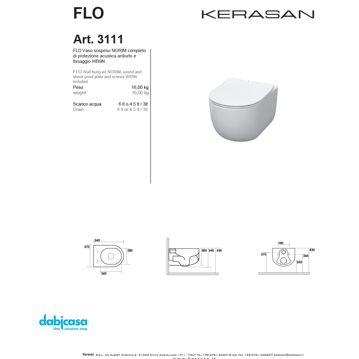 Kerasan "Flo 54" Wc Sospeso Bianco Opaco Senza Brida - Dabicasa