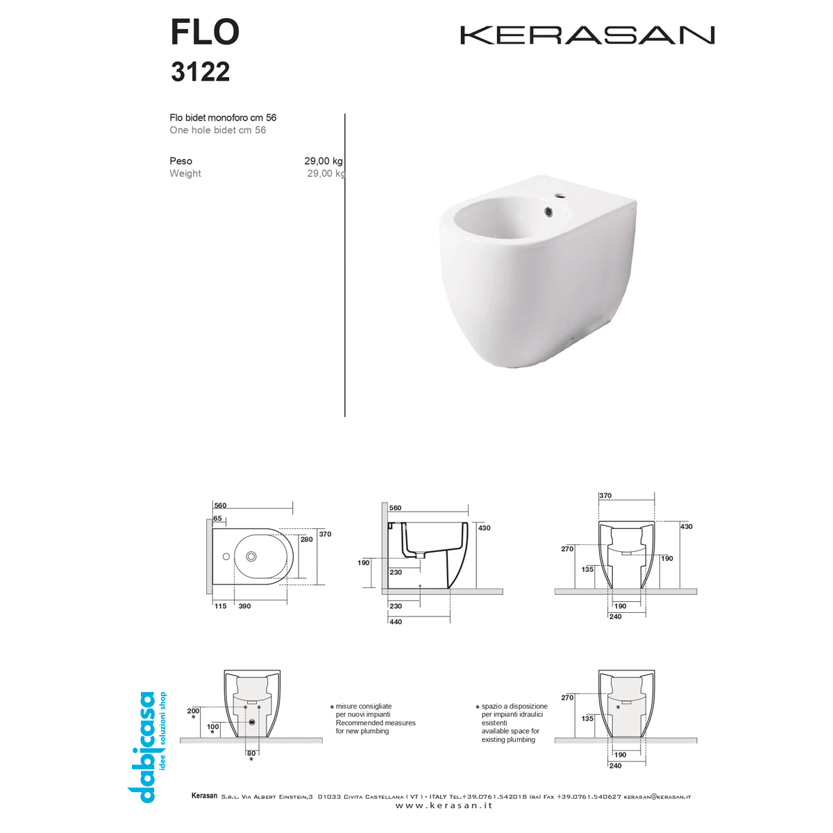 Kerasan "Flo 56" Bidet Da Terra FiloParete Bianco Lucido - Dabicasa