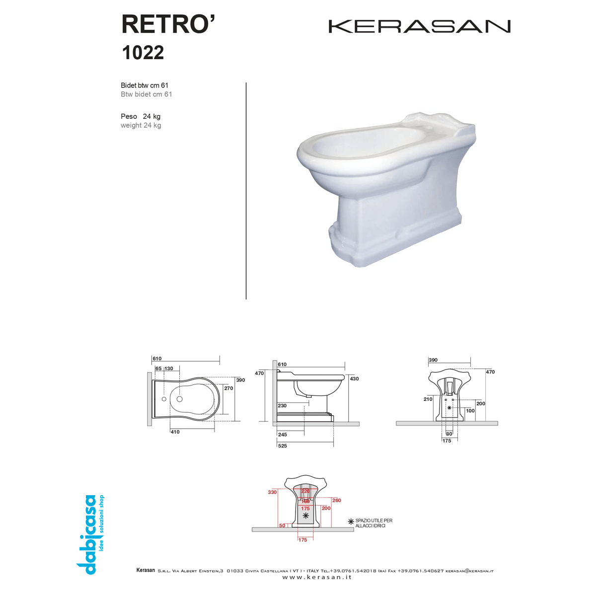 Kerasan "Retro" Bidet Terra Filo Parete Bianco Lucido - Dabicasa