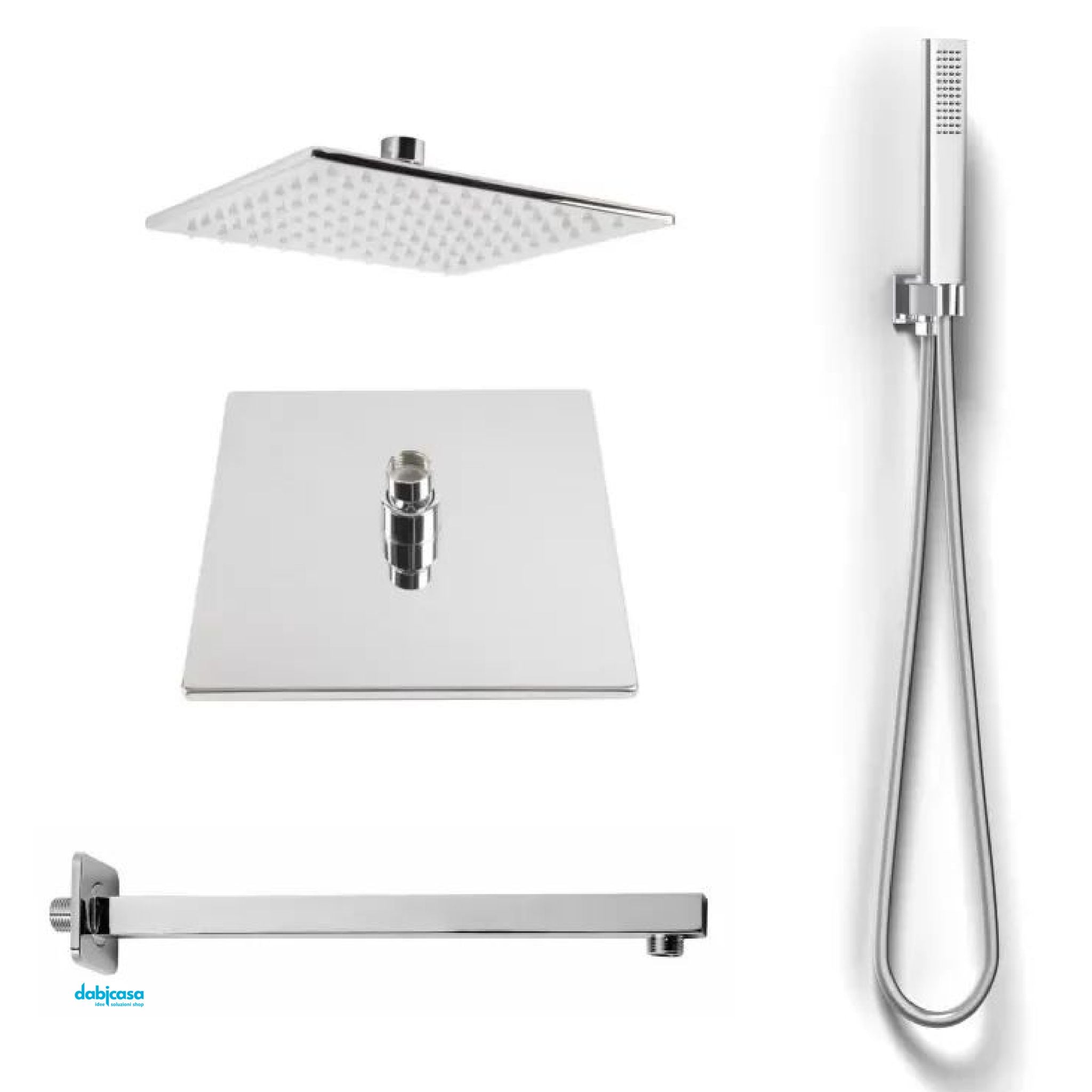 Kit Doccia Quadrato Completo "Home" Soffione 20 cm C/Braccio E Kit Doccetta Acciaio Inox Aisi 304 - Dabicasa