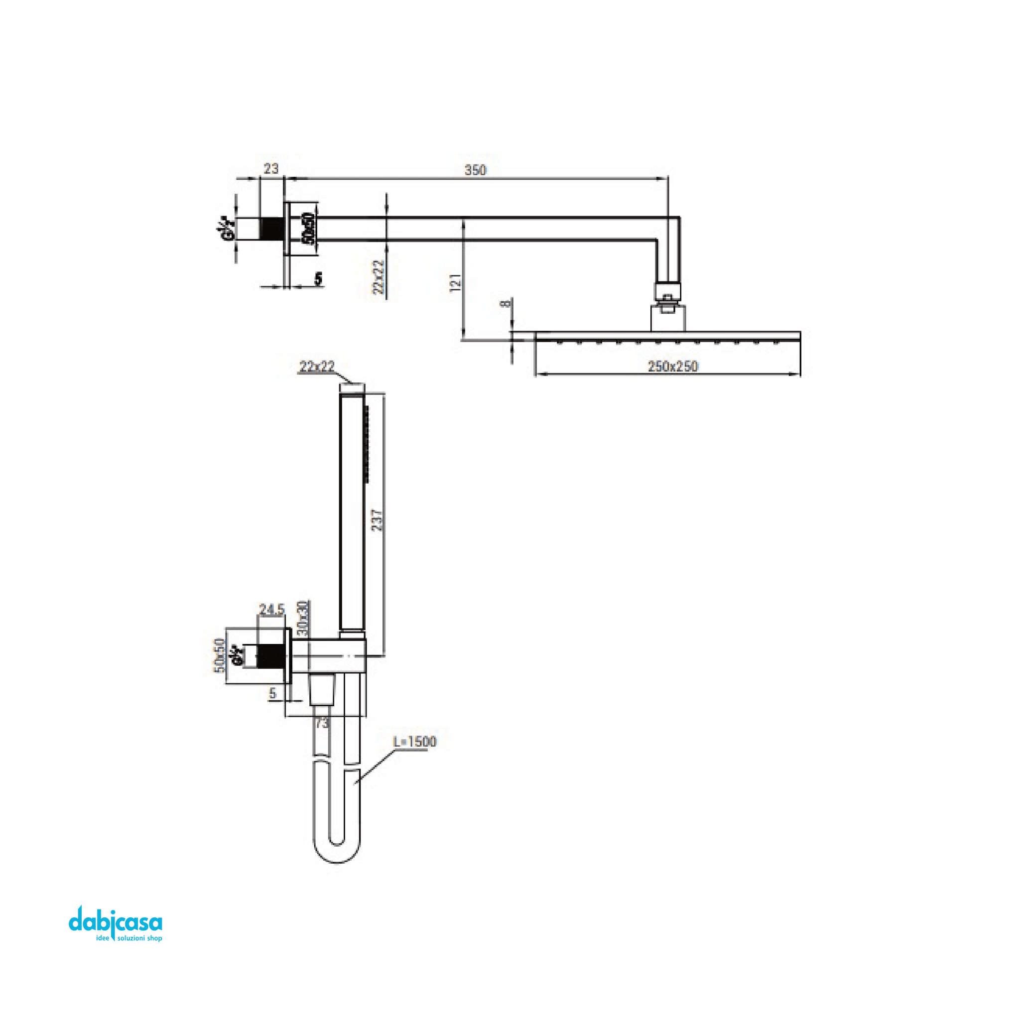 Kit Doccia Quadro"Steel" Soffione 25x25 C/Braccio E Kit Doccia C/Presa Acqua In Acciaio Inox 316L Spazzolato - Dabicasa