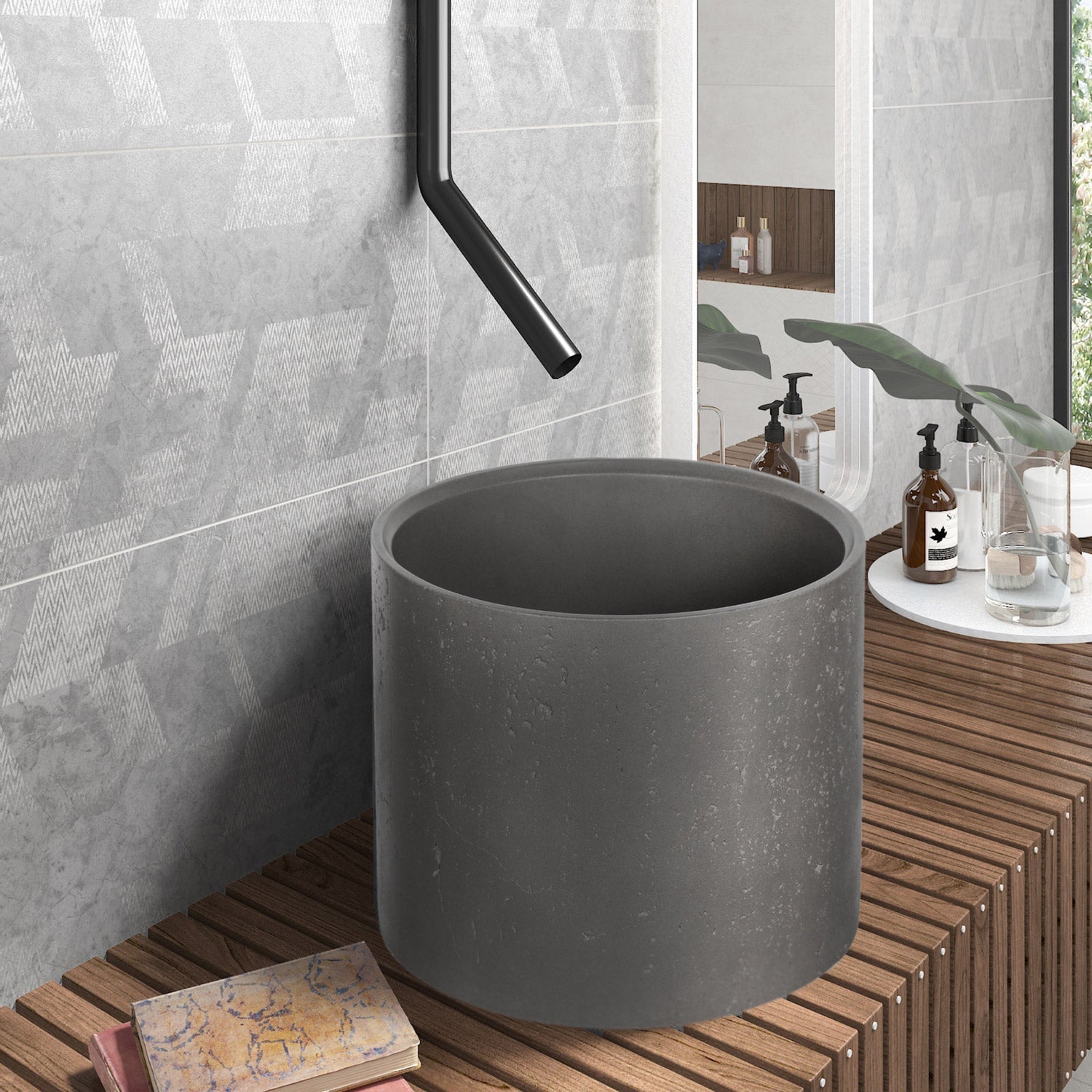 Lavabo D'Appoggio 39 Cm Con Piletta Di Scarico Karag "Cleon" Cemento - Dabicasa