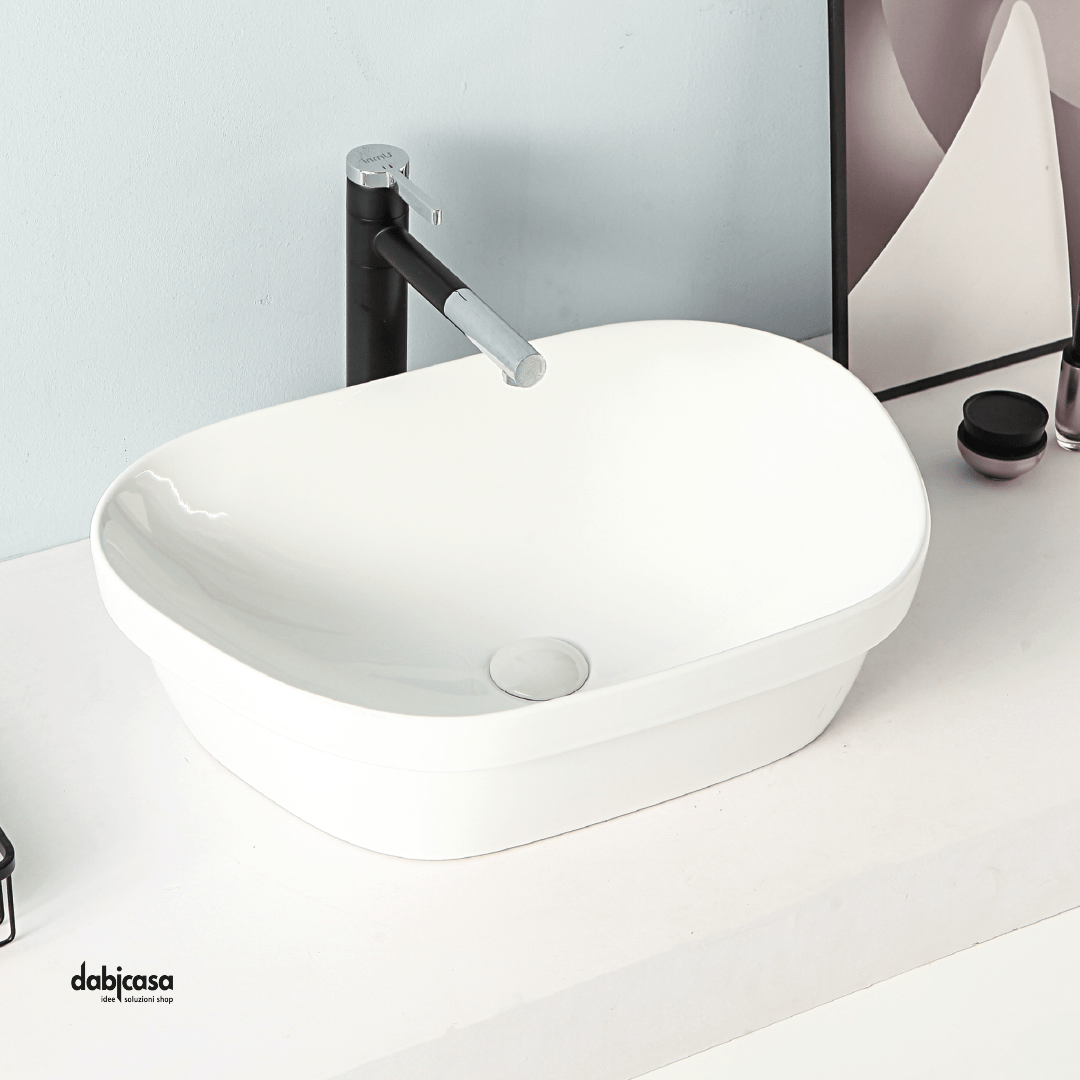 Lavabo D'Appoggio Asimmetrico "Break The Rules" Da 58 Cm In Ceramica Finitura Bianco Lucido - Dabicasa