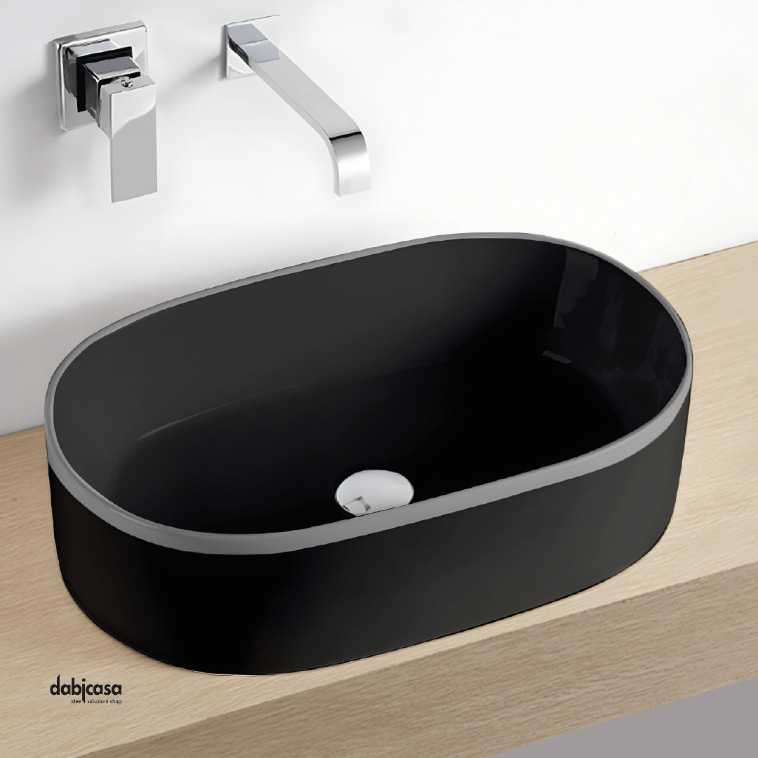 Lavabo D'Appoggio Ovale "Break The Rules" Da Diam.56,5 Cm In Ceramica Finitura Nero Matto - Dabicasa