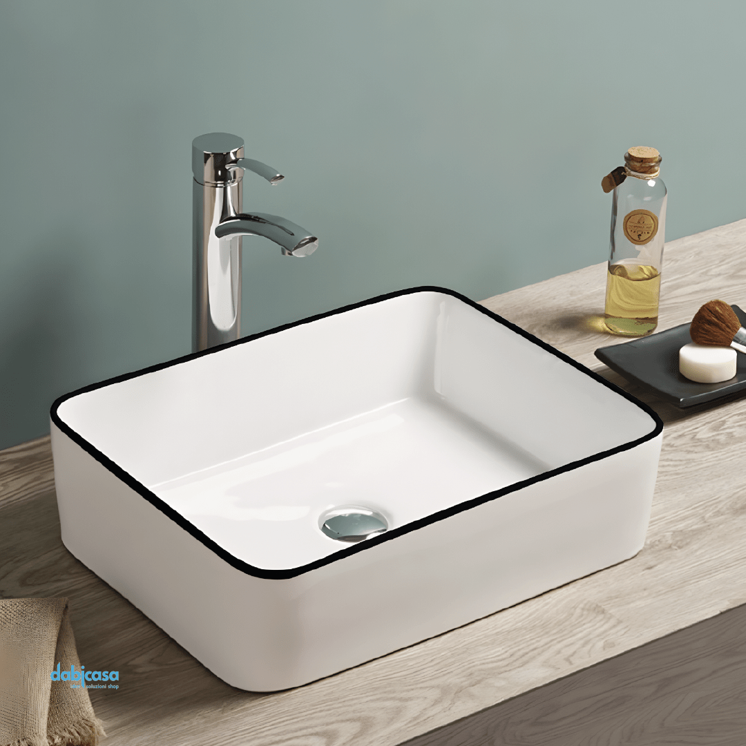 Lavabo D'Appoggio Rettangolare "Break The Rules" Da 49 Cm In Ceramica Finitura Bianco Lucido C/Bordo Nero Lucido - Dabicasa