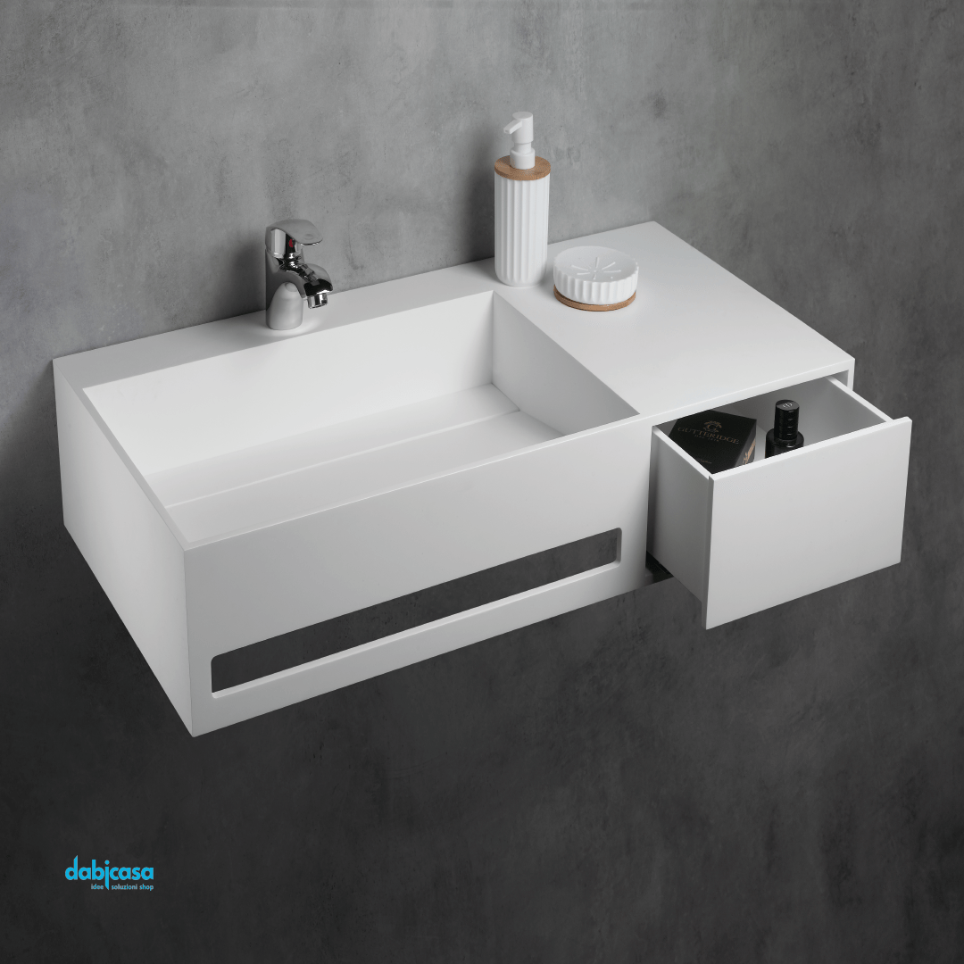 Lavabo Sospeso " Giove" In Solid Surface Finitura Bianco Opaco Da 90 Cm - Dabicasa